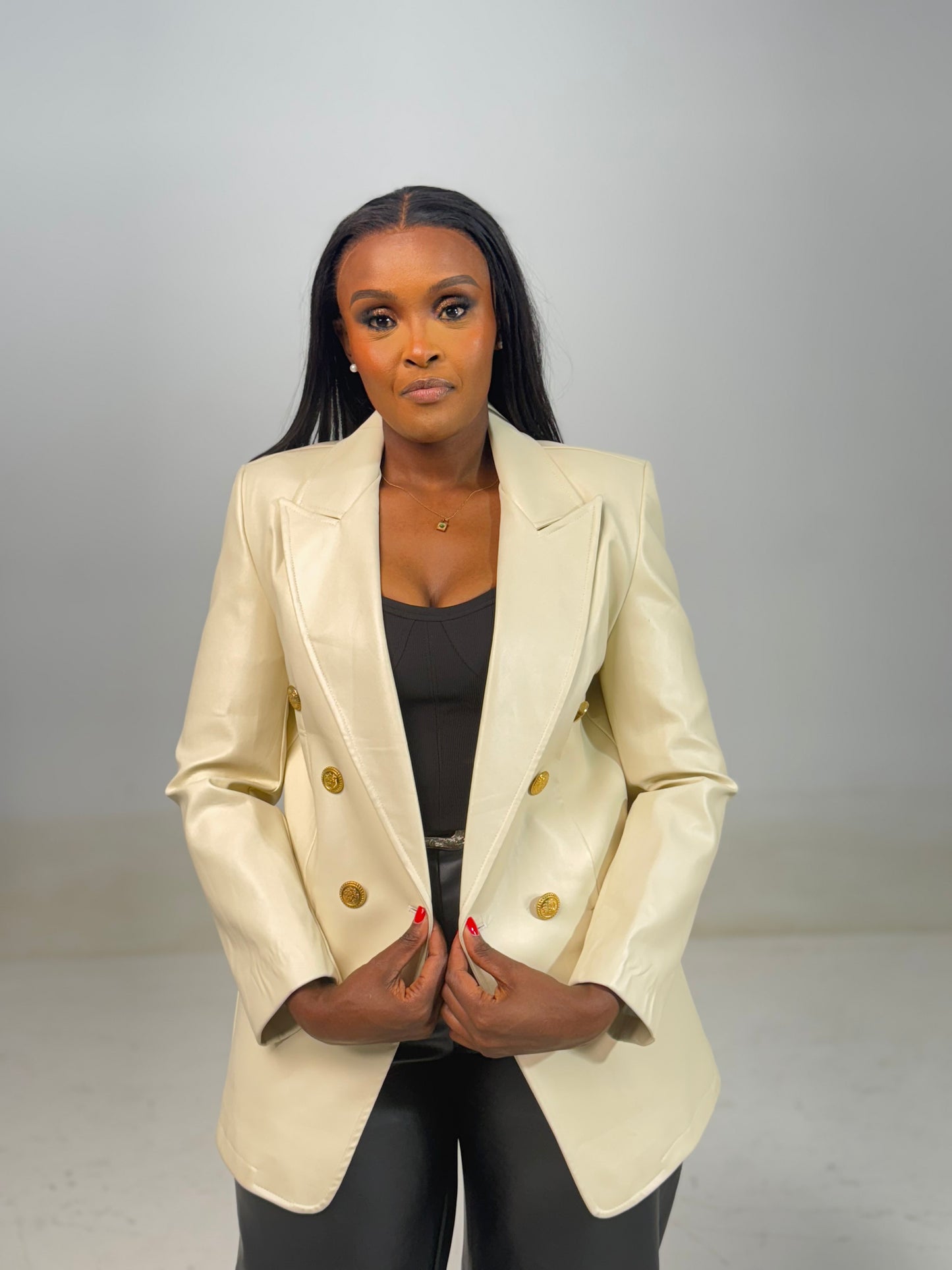 Gold Buttoned Leather Blazer