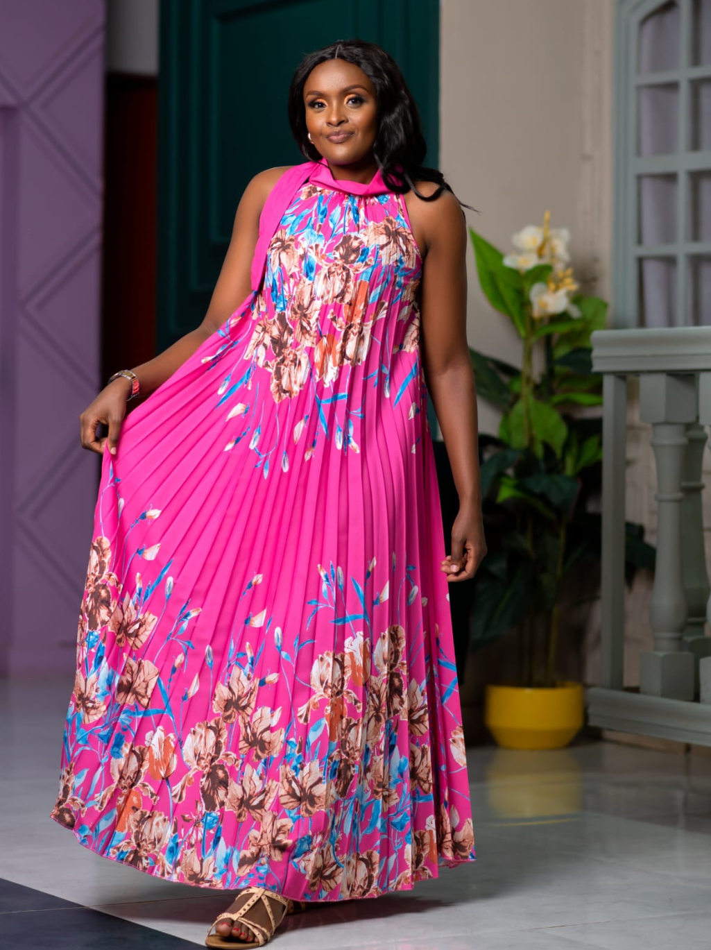 Capri neck-tie floral pleated maxi