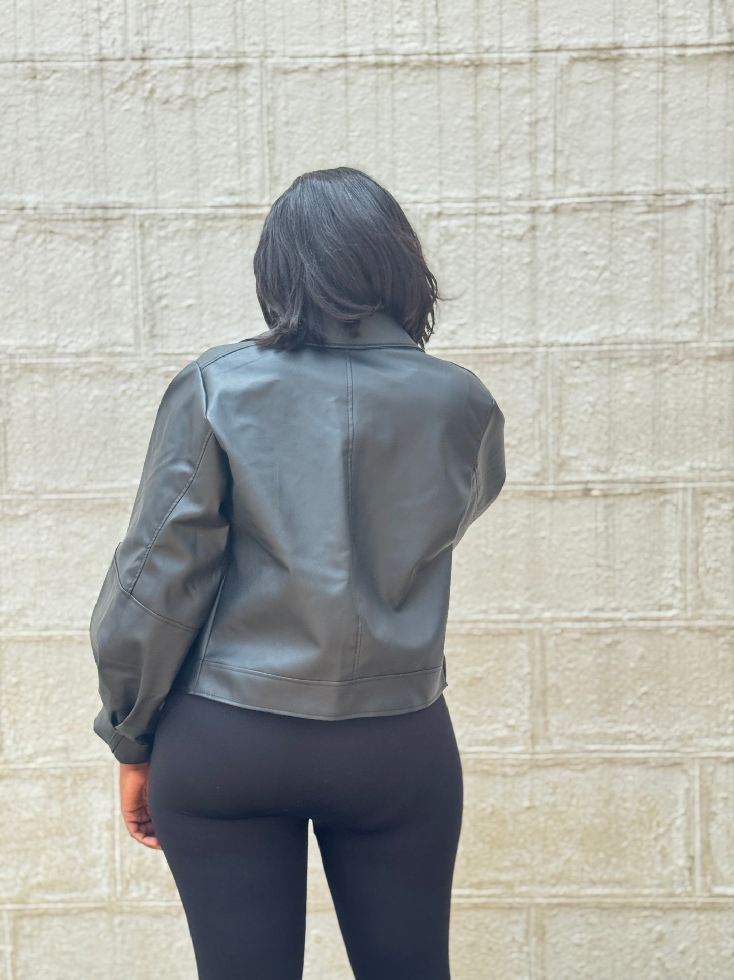 Ballon sleeve zipper leather jacket