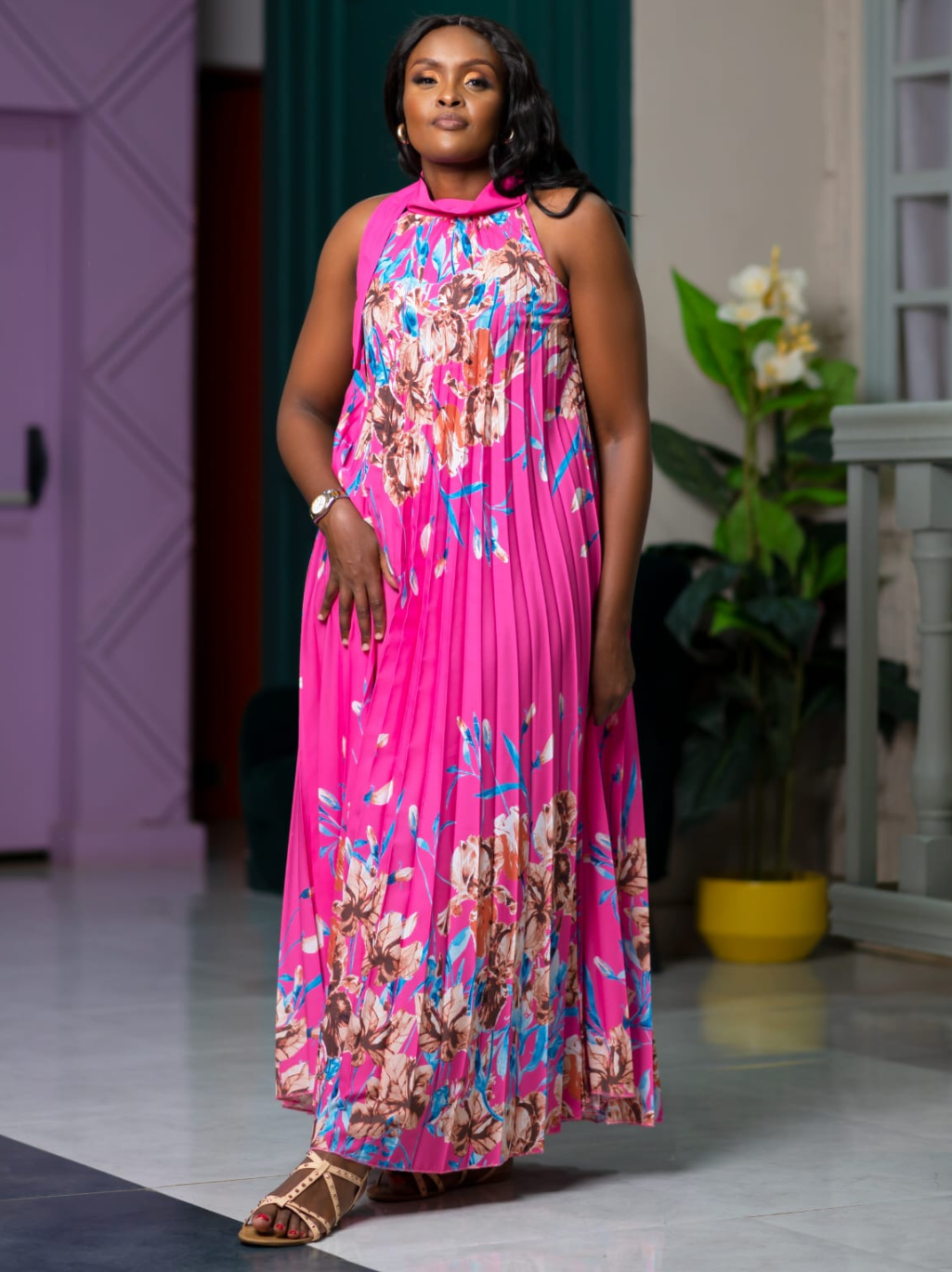 Capri neck-tie floral pleated maxi