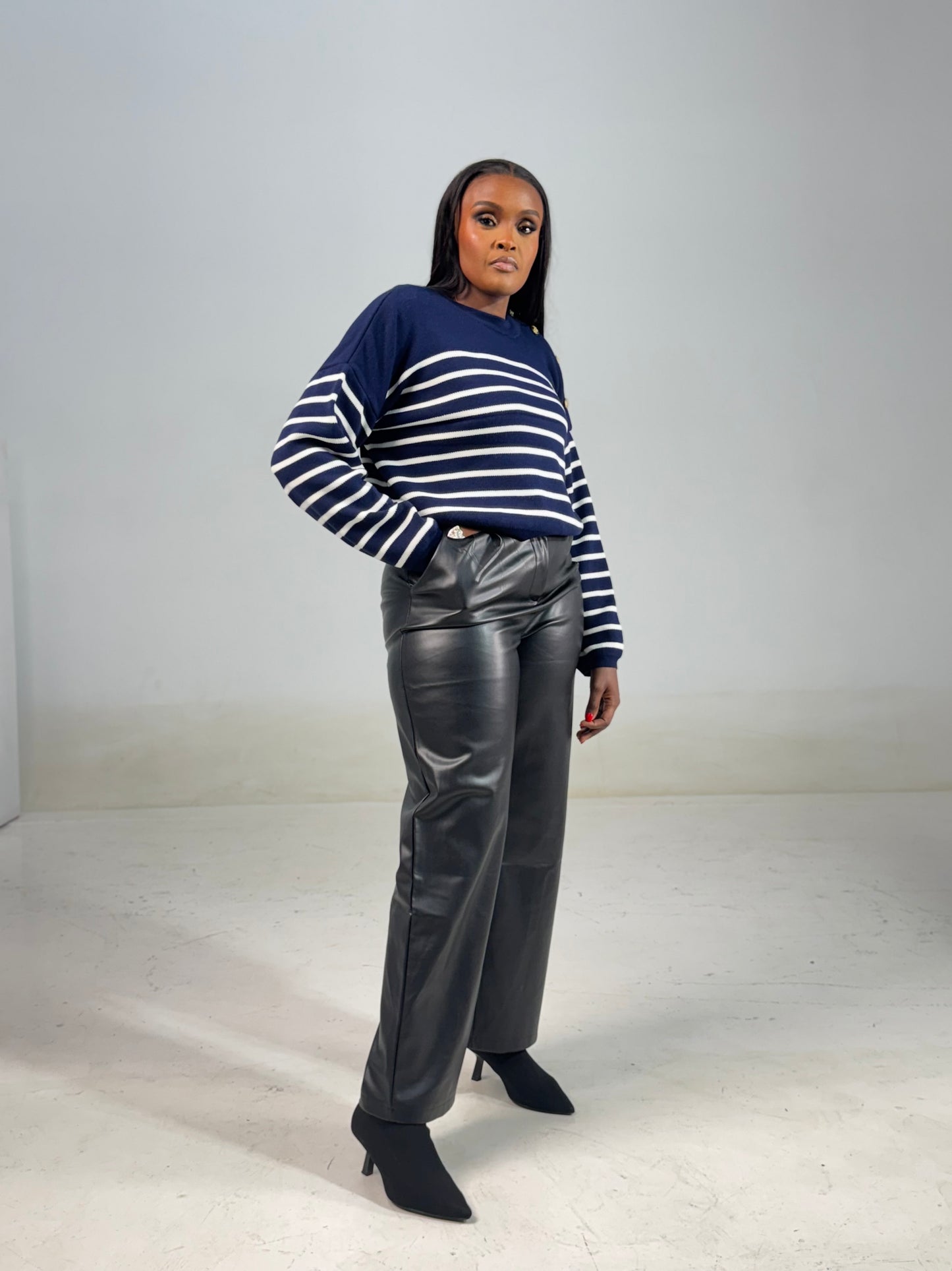 Shoulder Gold-buttoned Striped Sweater