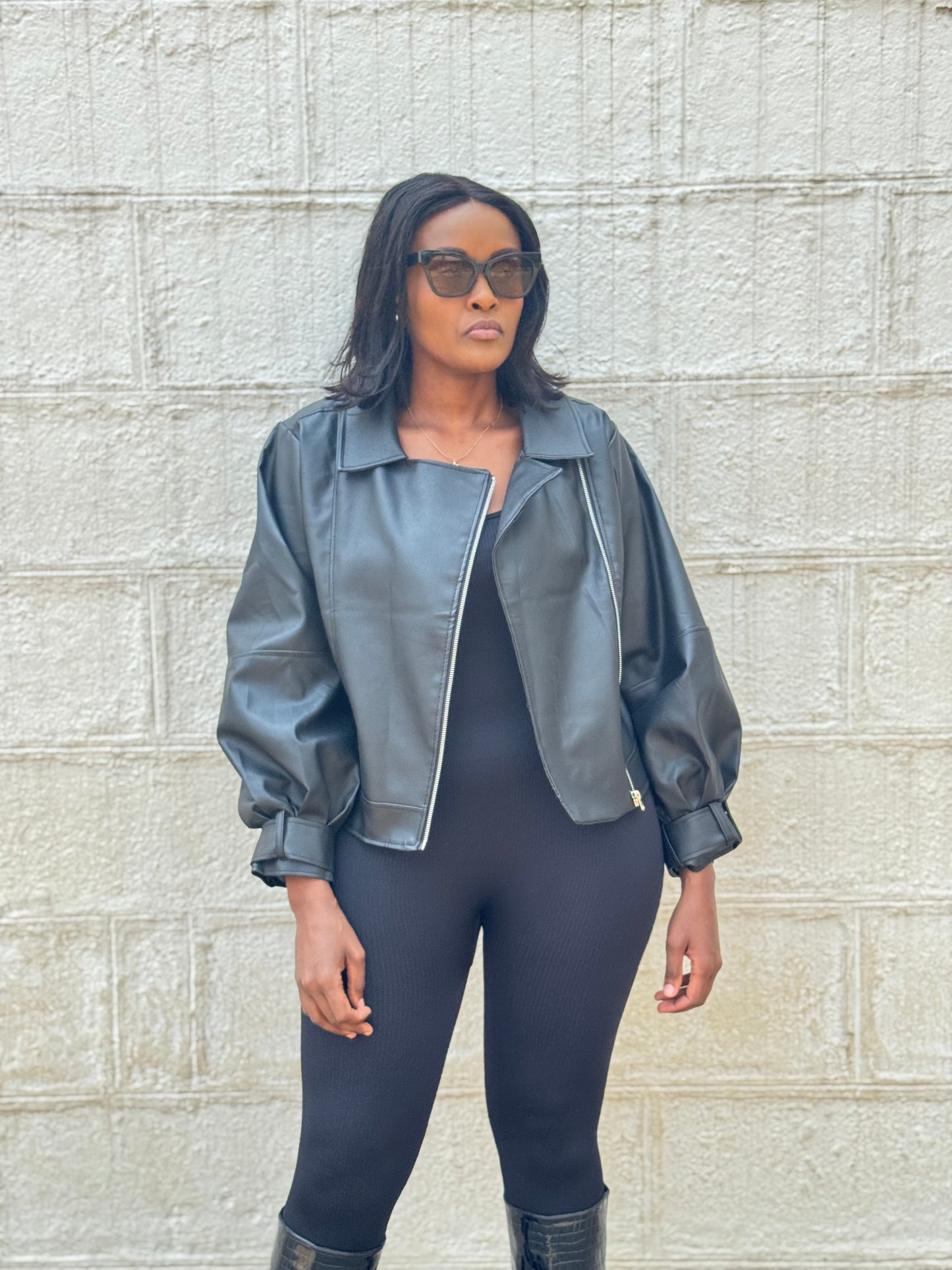 Ballon sleeve zipper leather jacket