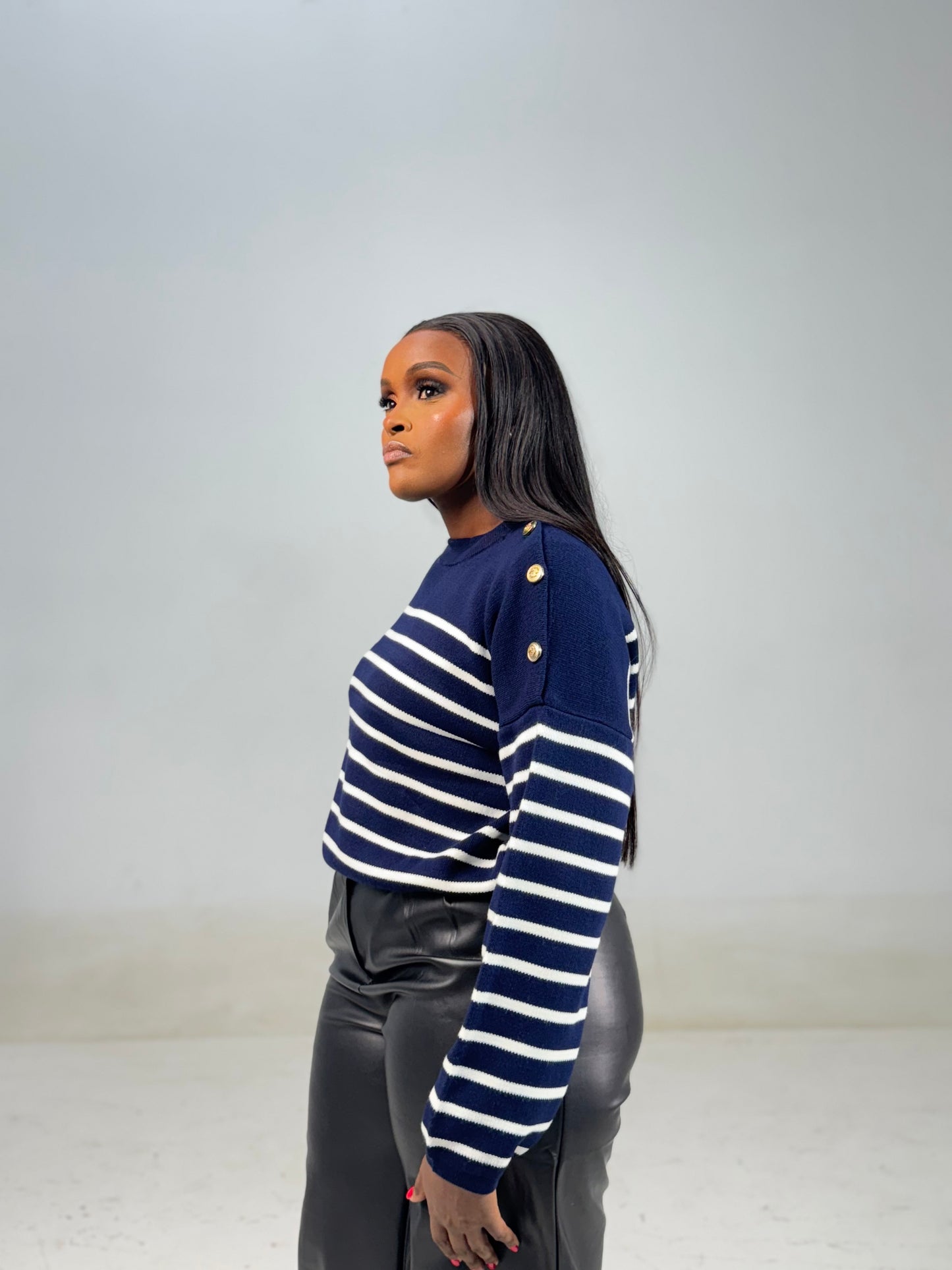 Shoulder Gold-buttoned Striped Sweater