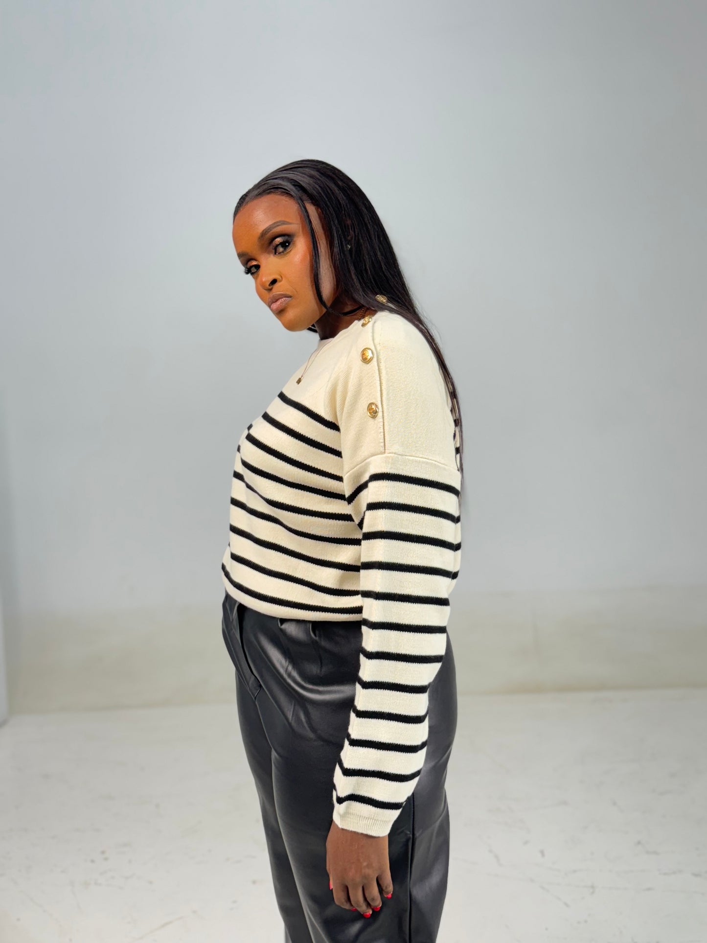 Shoulder Gold-buttoned Striped Sweater