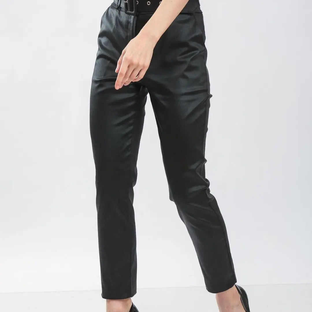 Leather-Look Belted Ankle-Length Pants