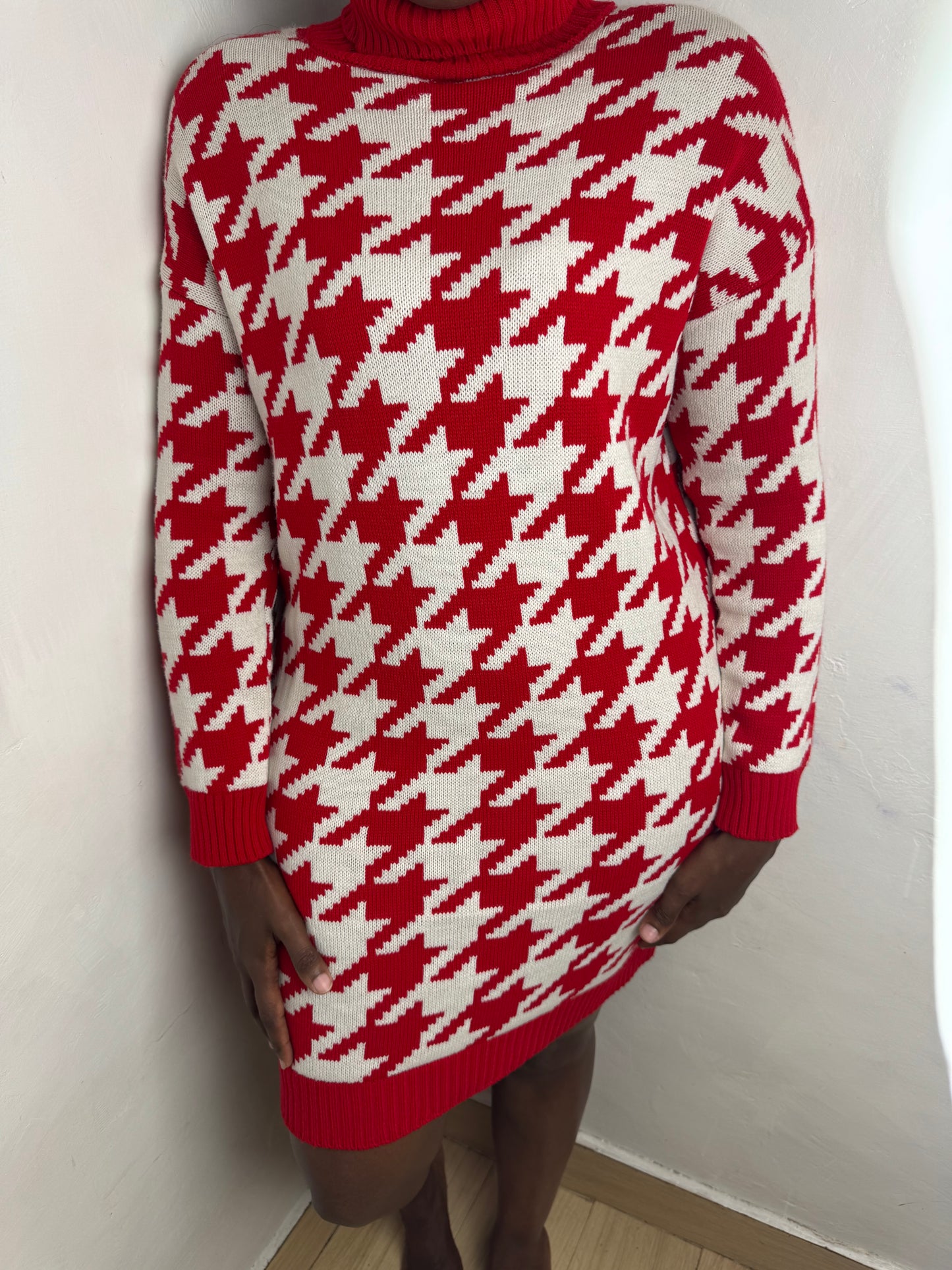 Houndstooth Turtleneck Sweater Dress
