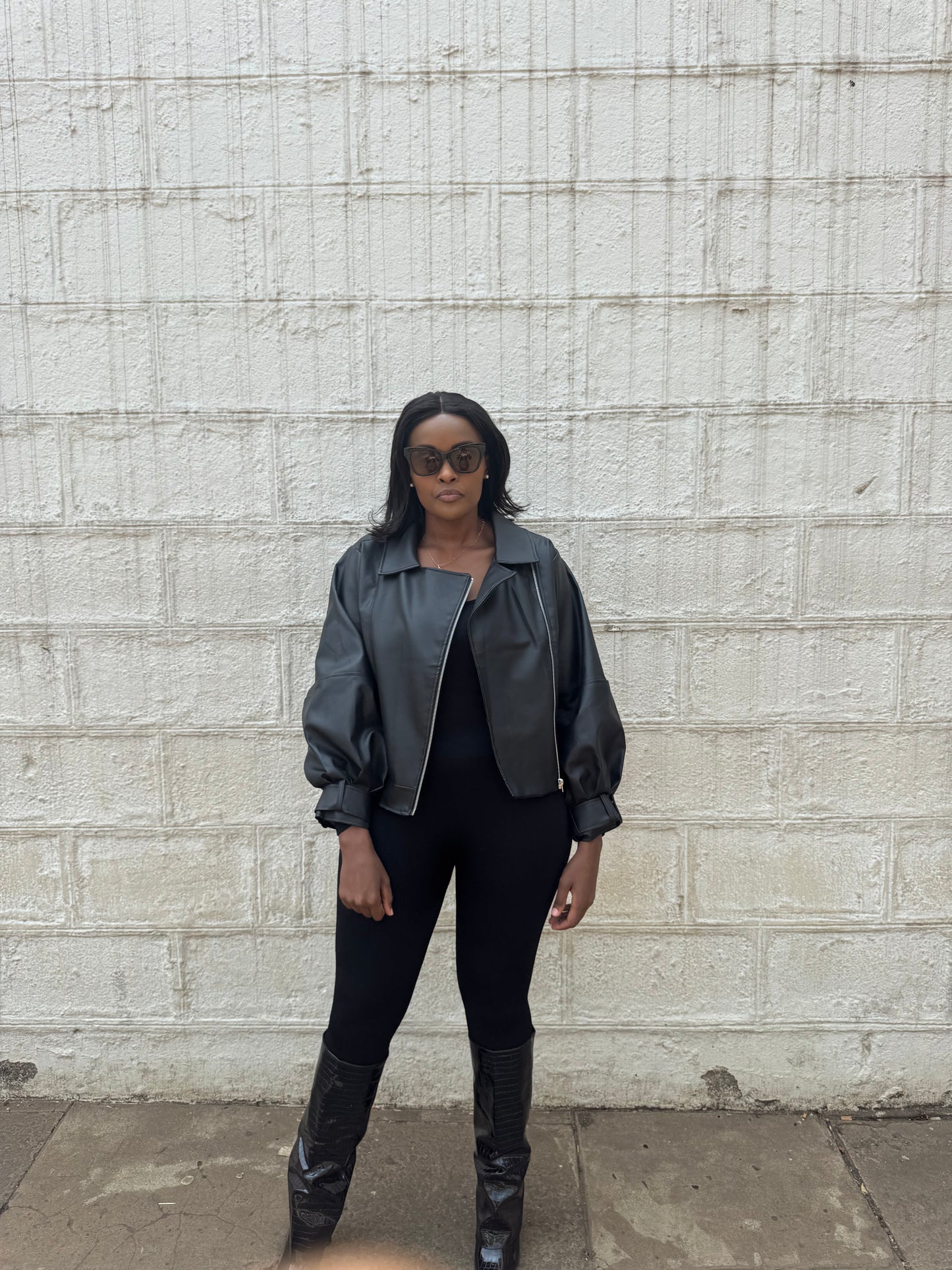 Ballon sleeve zipper leather jacket