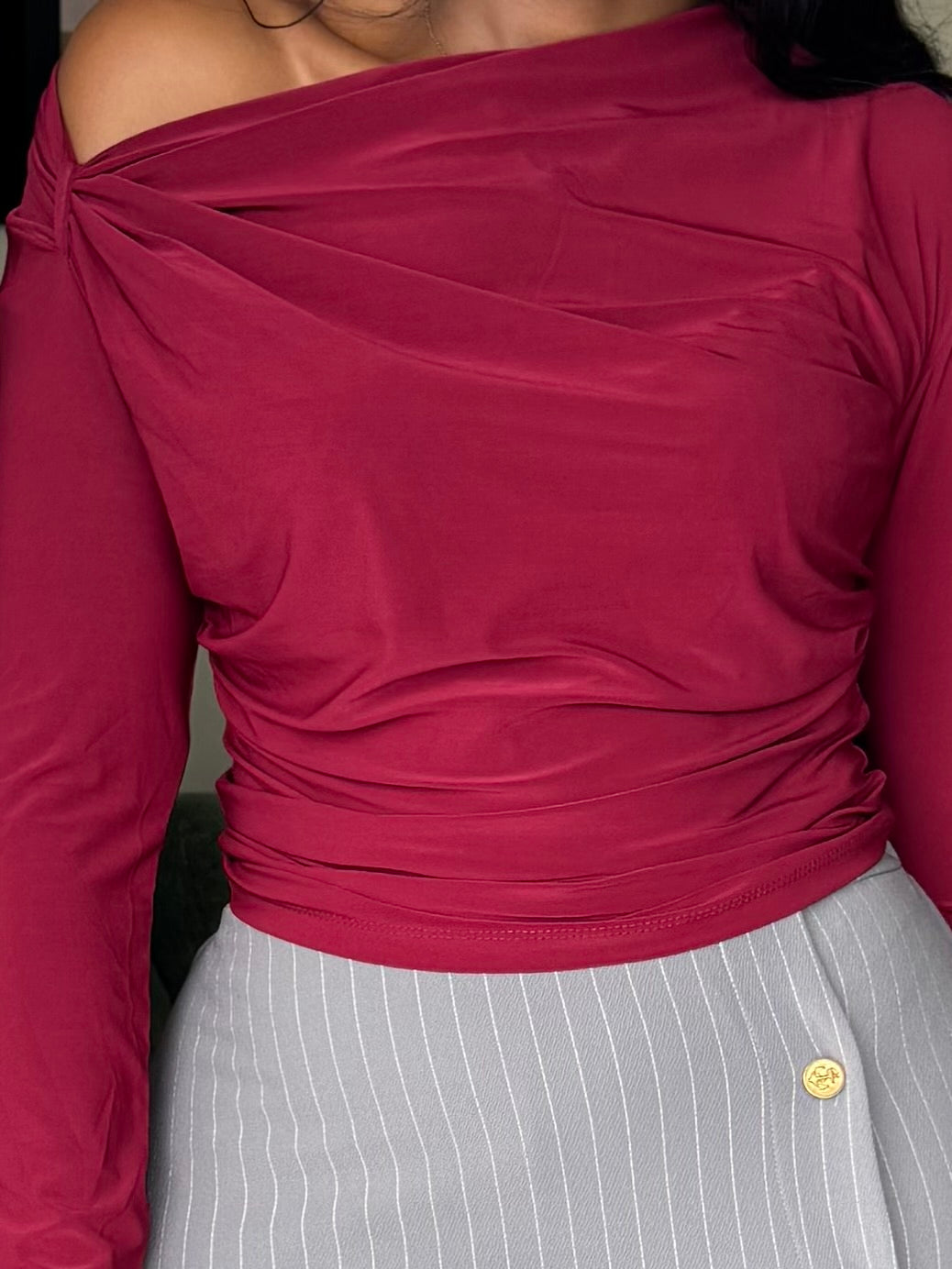 Asymmetrical V-neck Ruched Slinky Top