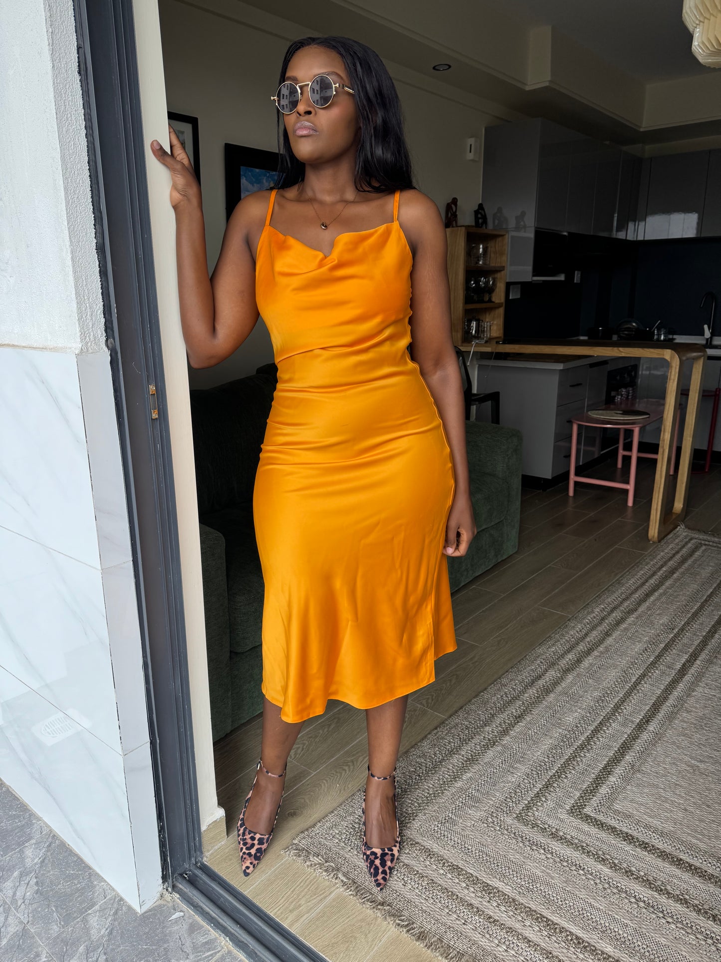 Cowl-neck Satin Midi Dress
