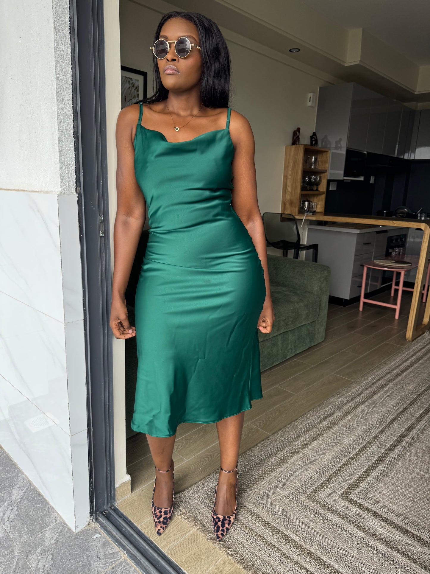 Cowl-neck Satin Midi Dress
