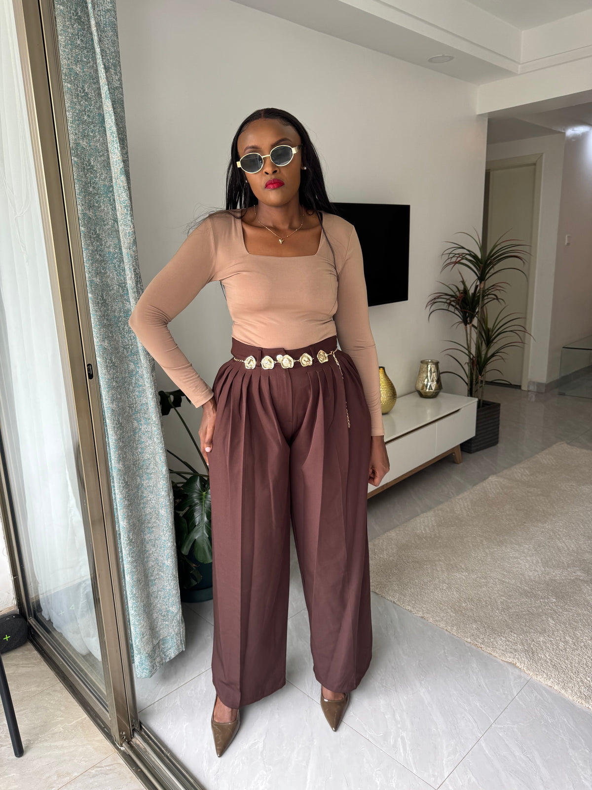 Wide Leg Pleated Pants with Removable Gold Belt