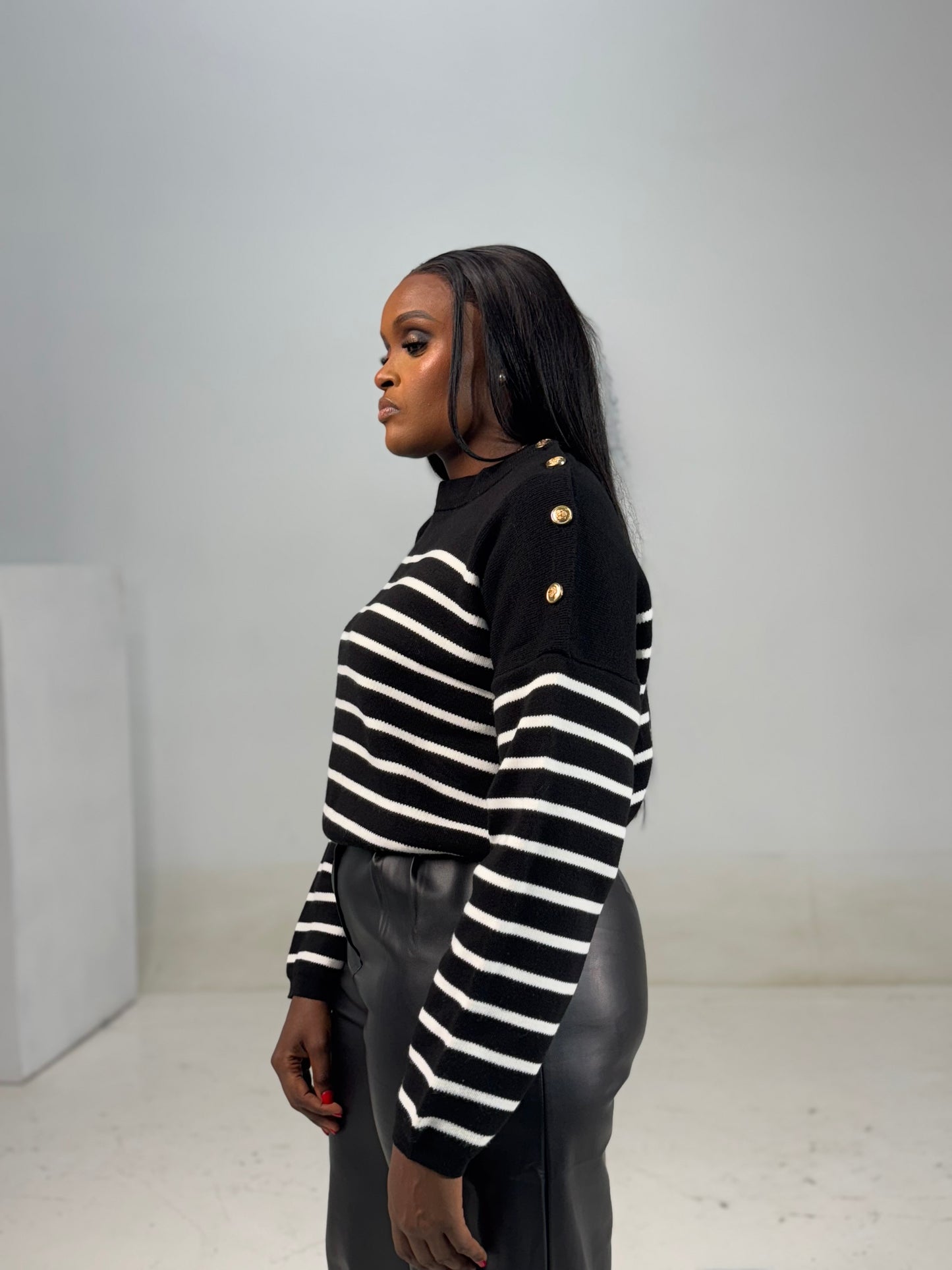 Shoulder Gold-buttoned Striped Sweater