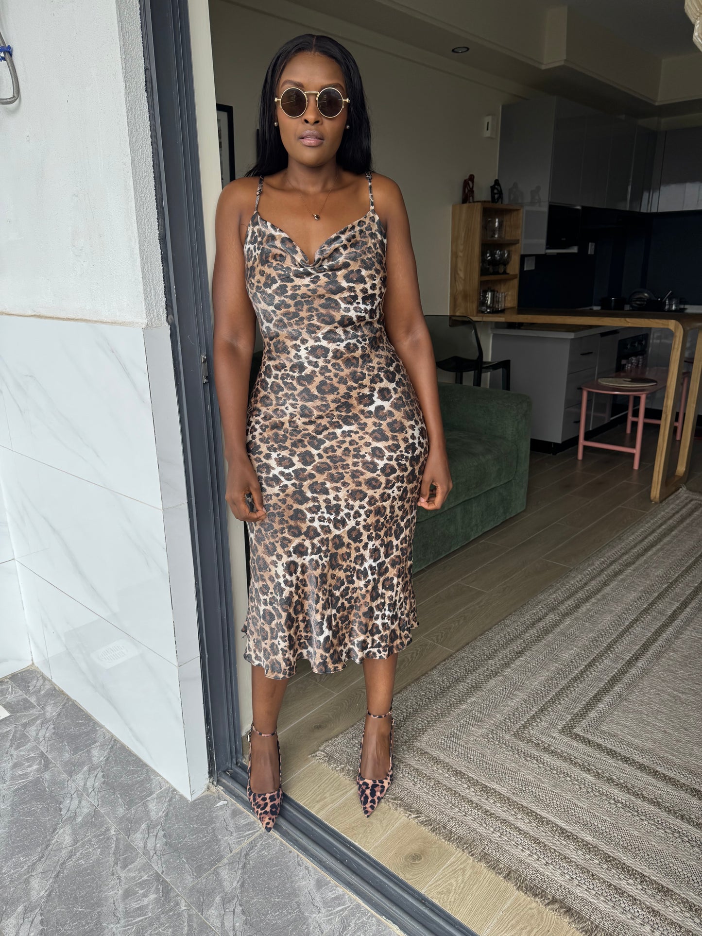 Cowl-neck Satin Midi Dress