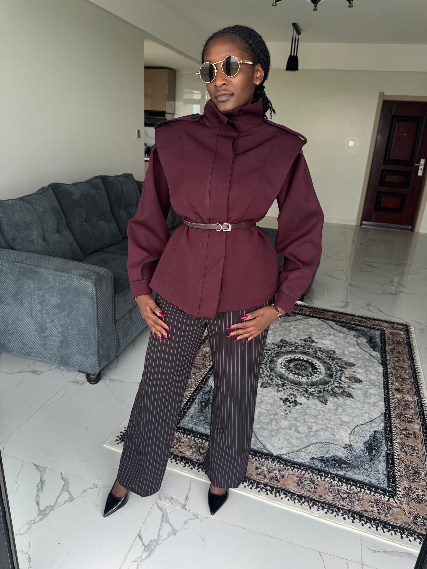 Shoulder-Padded Belted Coat