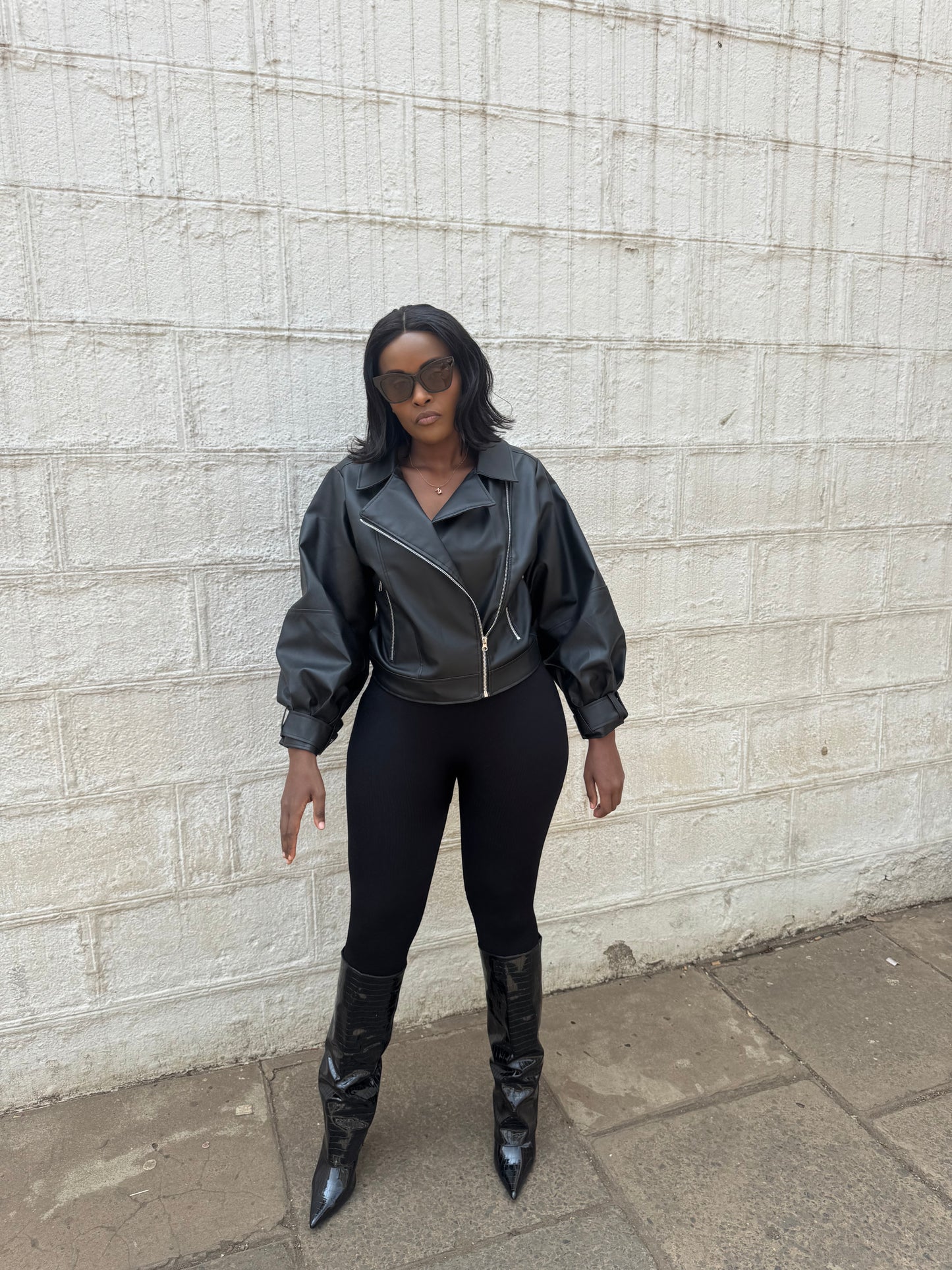 Ballon sleeve zipper leather jacket