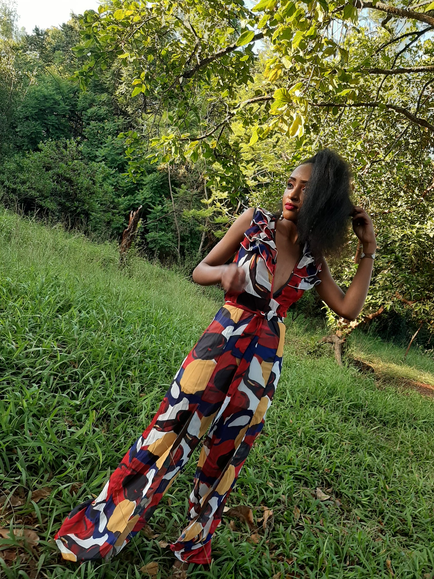 Ruffled Shoulder Chiffon Jumpsuit