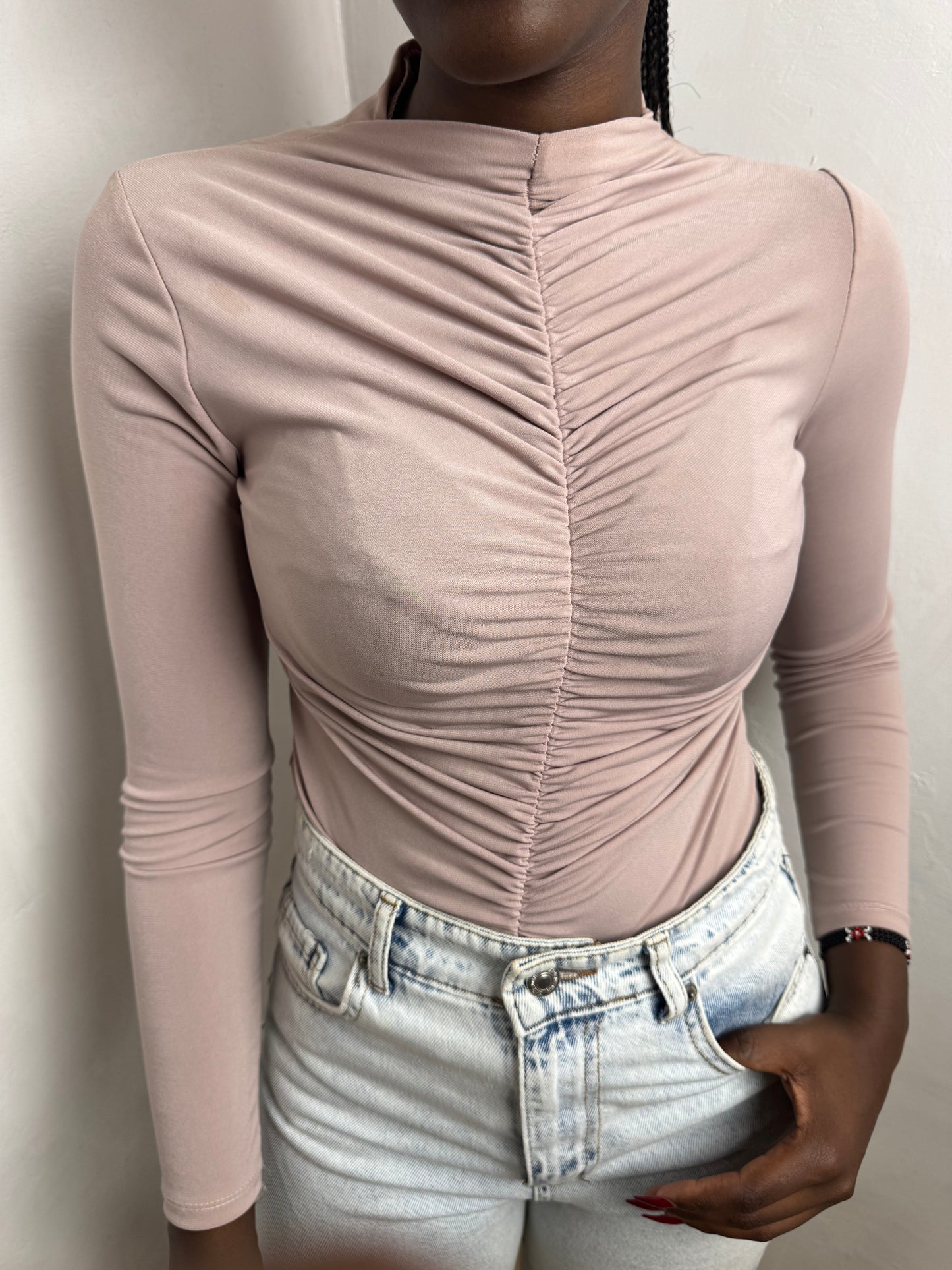 Fully Ruched Mock Neck Slinky Bodysuit