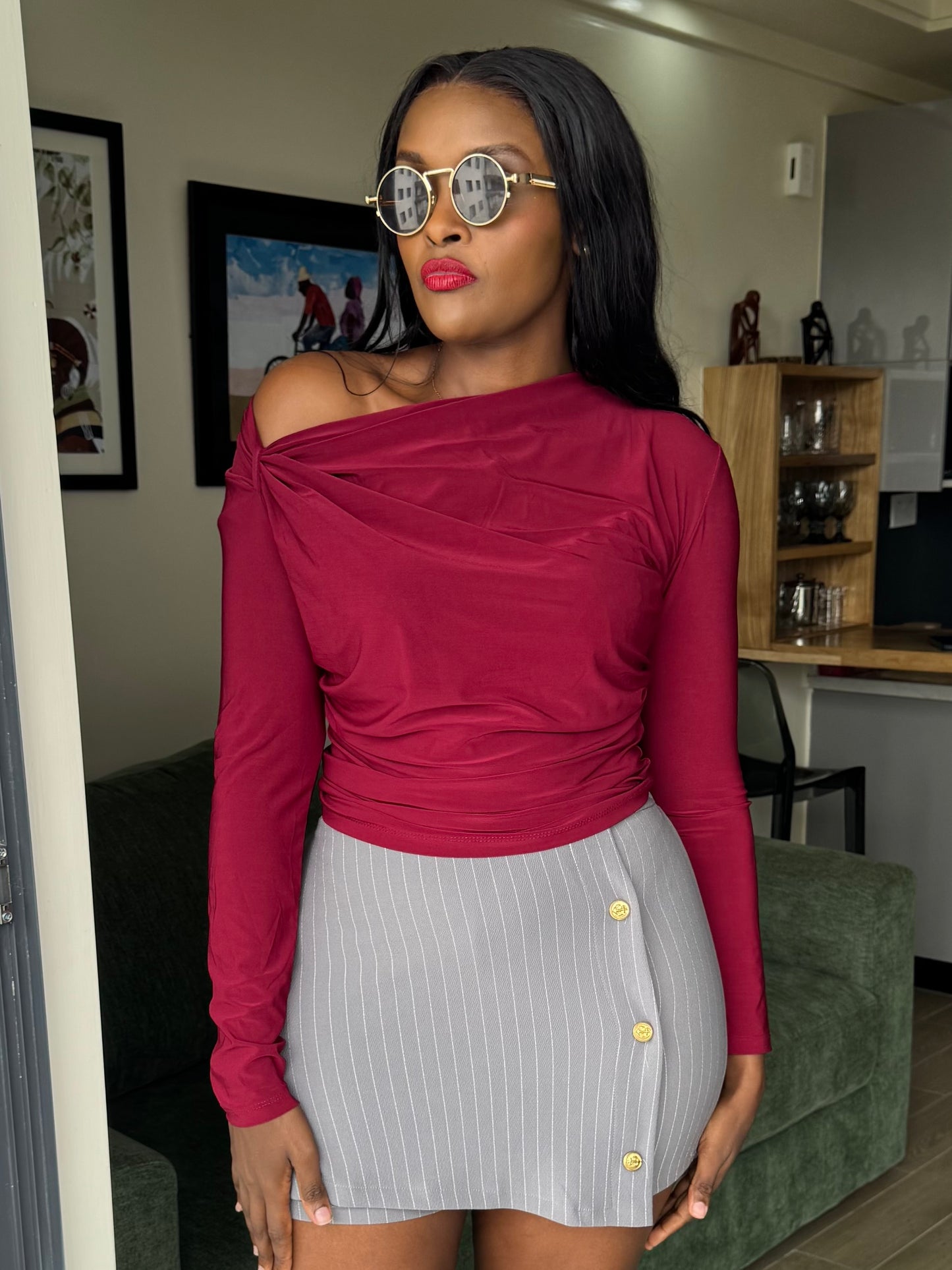 Asymmetrical V-neck Ruched Slinky Top