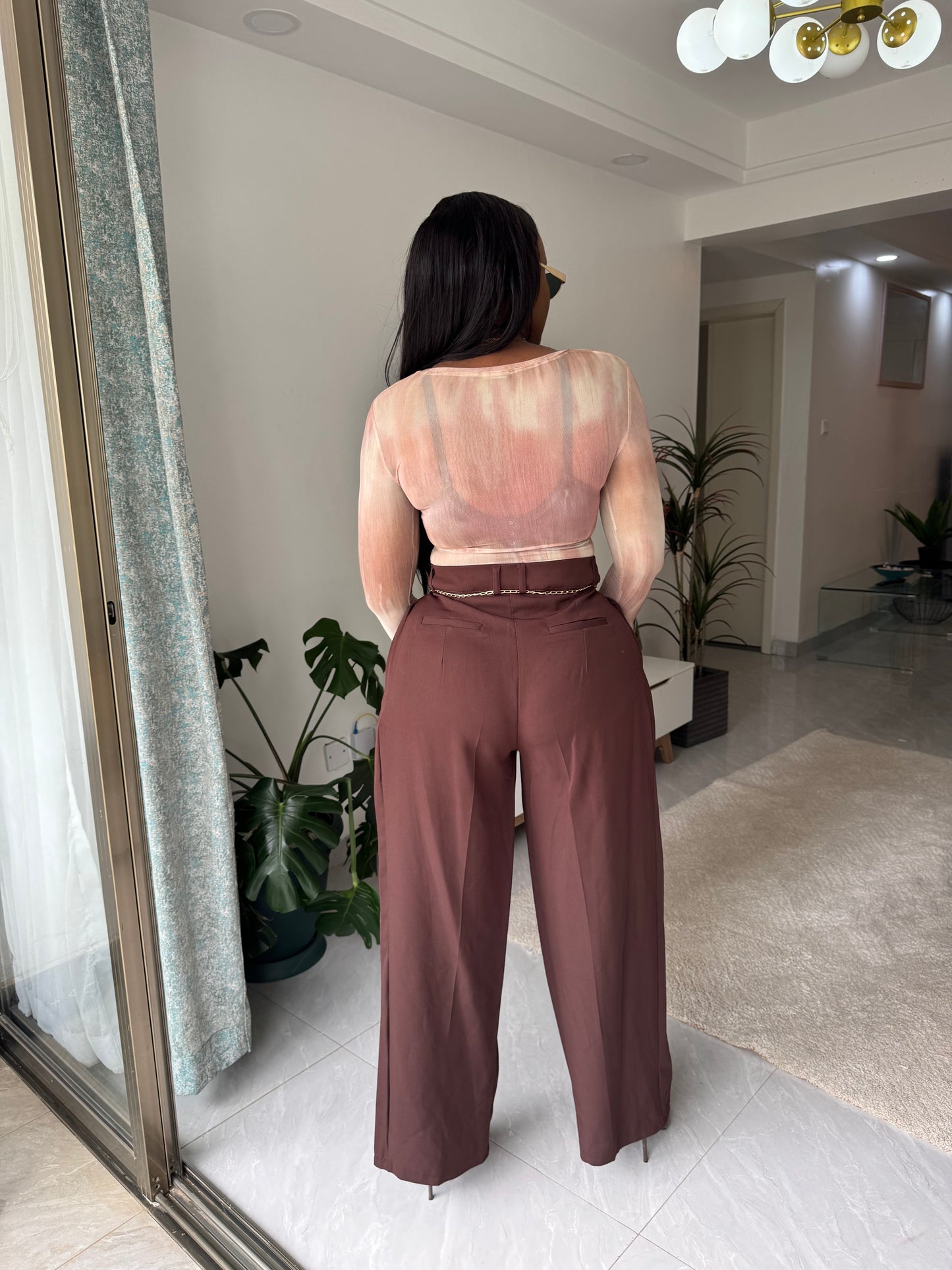 Wide Leg Pleated Pants with Removable Gold Belt