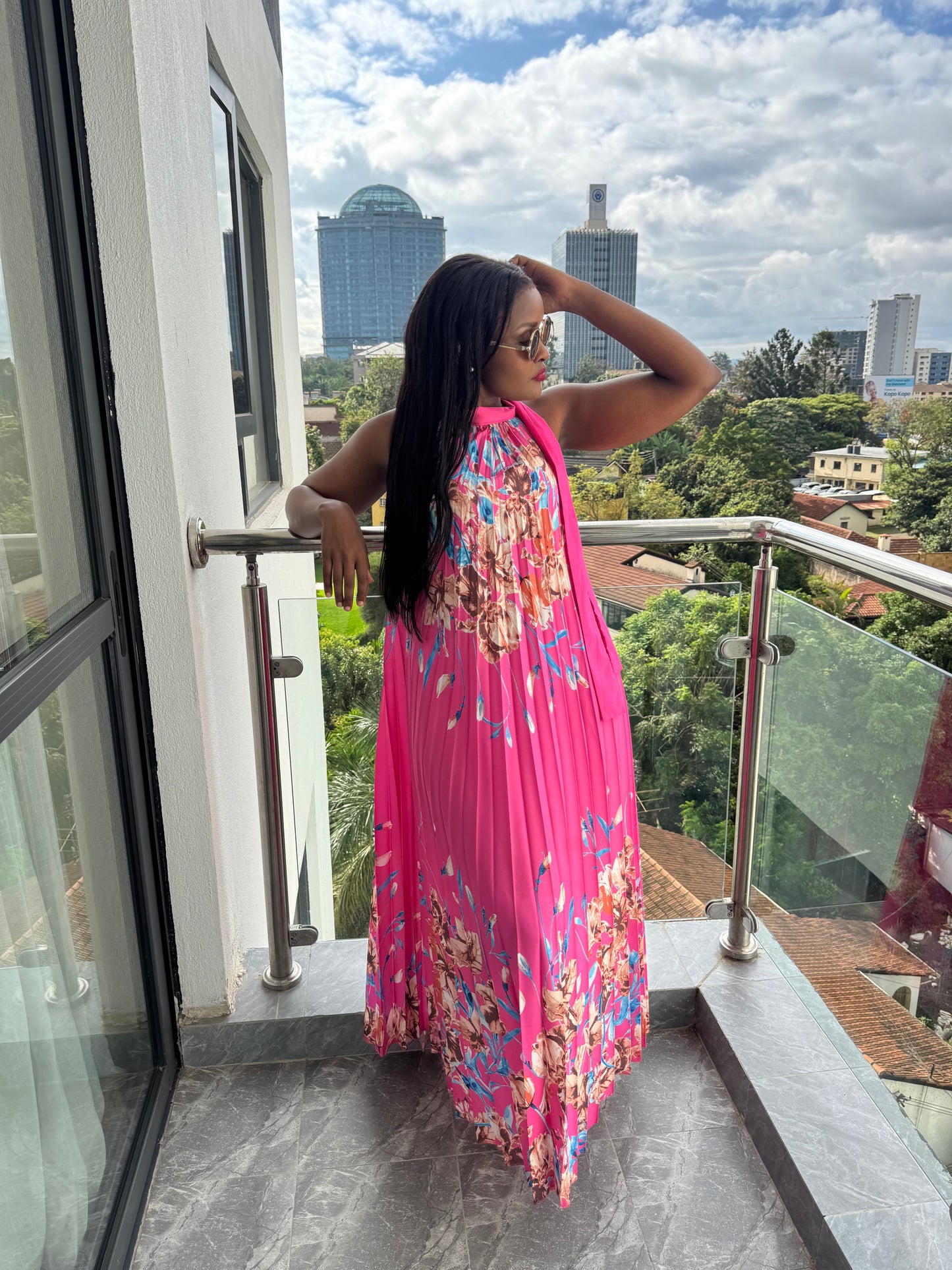 Capri Neck-tie Floral Pleated Maxi