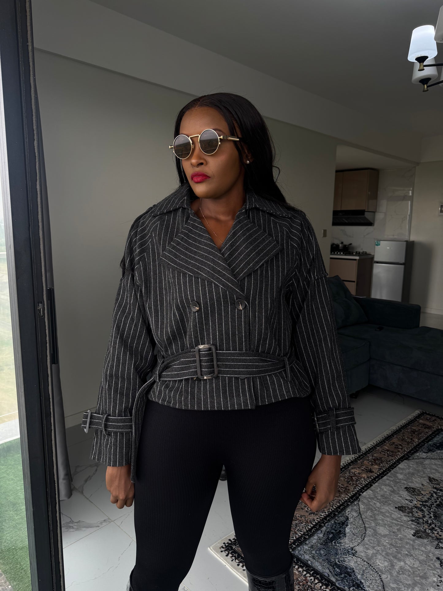 Pinstripe Belted Jacket