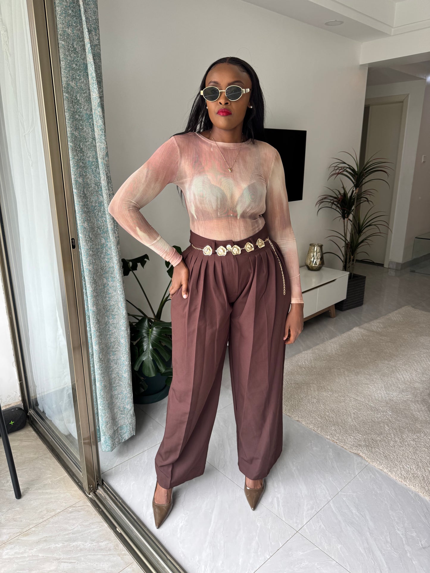 Wide Leg Pleated Pants with Removable Gold Belt