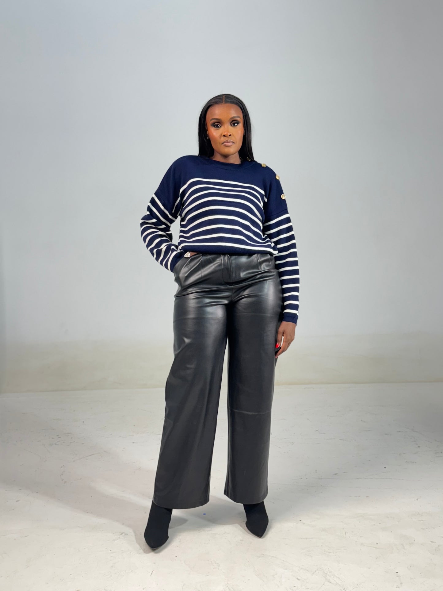 Shoulder Gold-buttoned Striped Sweater