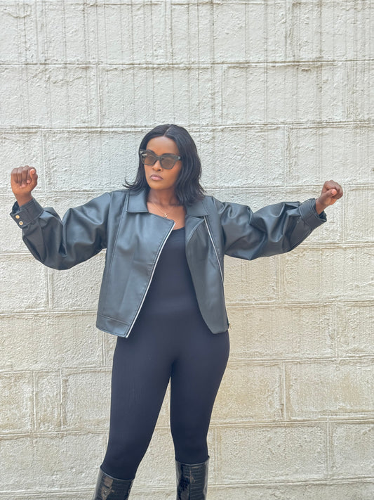 Ballon sleeve zipper leather jacket