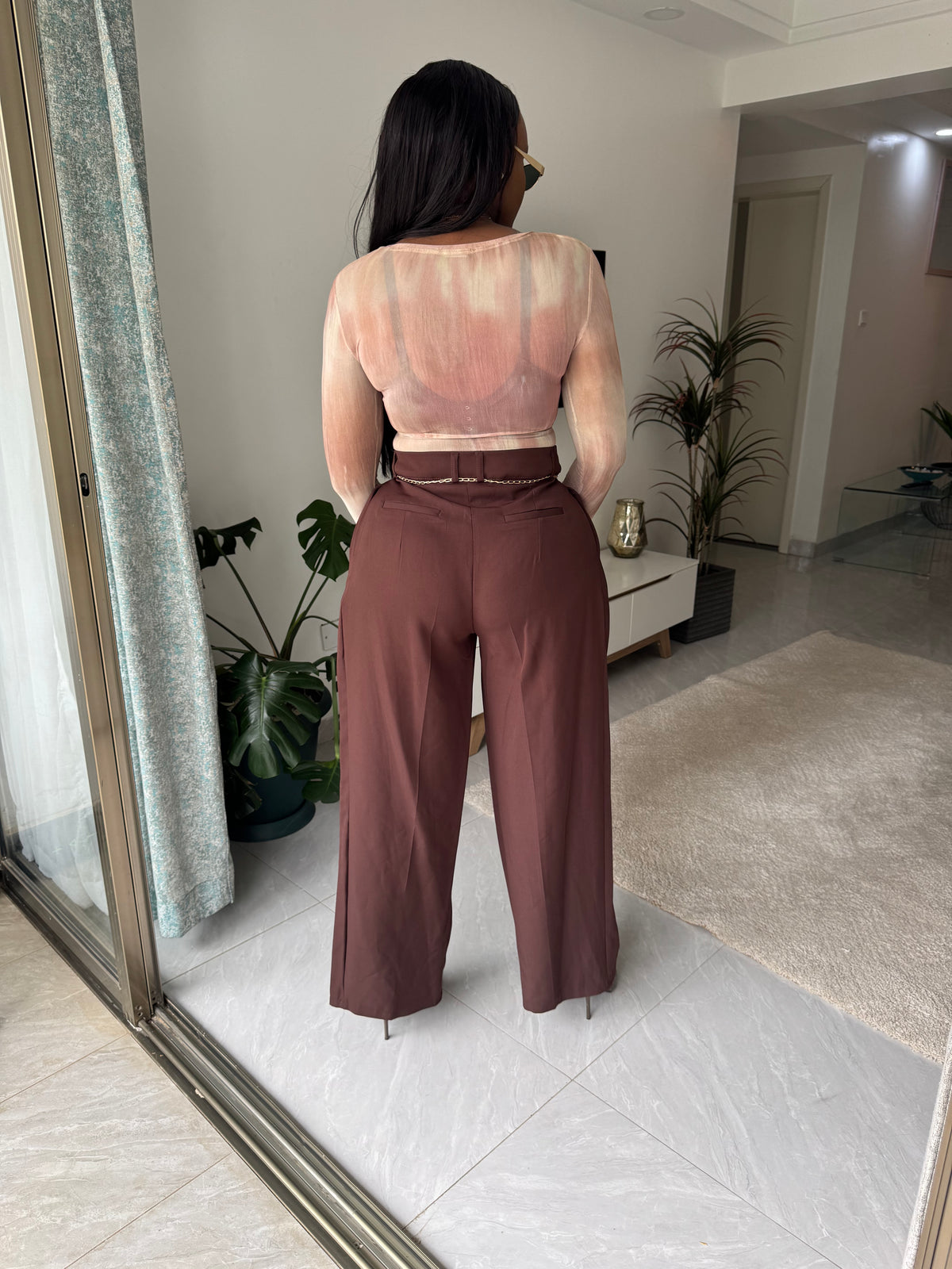 Wide Leg Pleated Pants with Removable Gold Belt