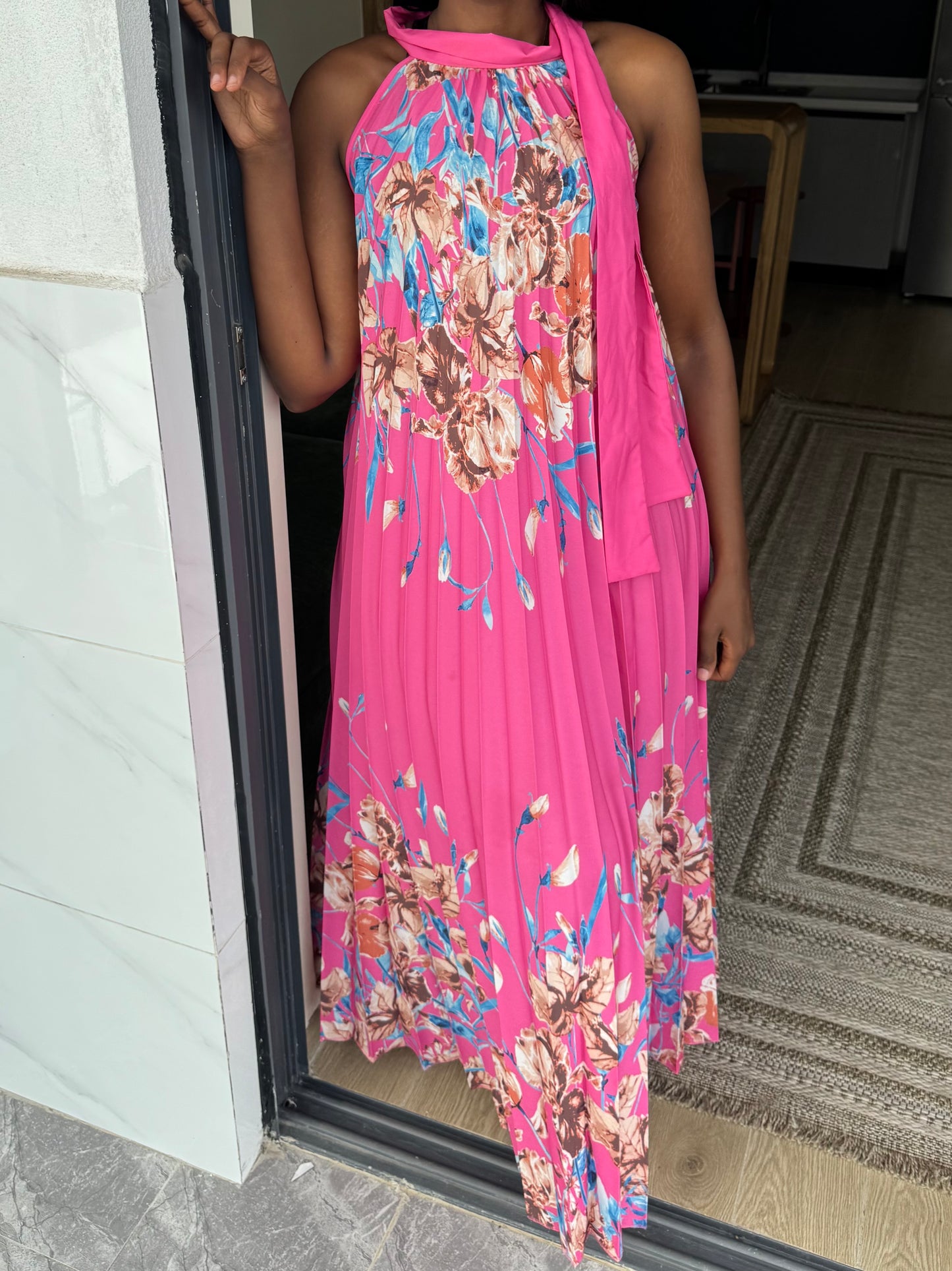 Capri Neck-tie Floral Pleated Maxi