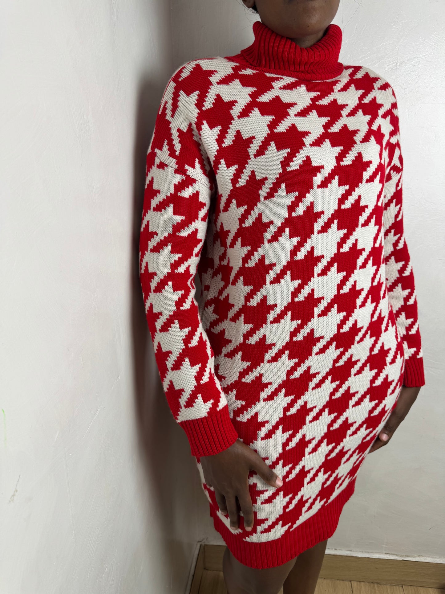 Houndstooth Turtleneck Sweater Dress