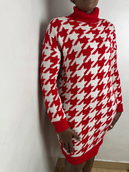 Houndstooth Turtleneck Sweater Dress