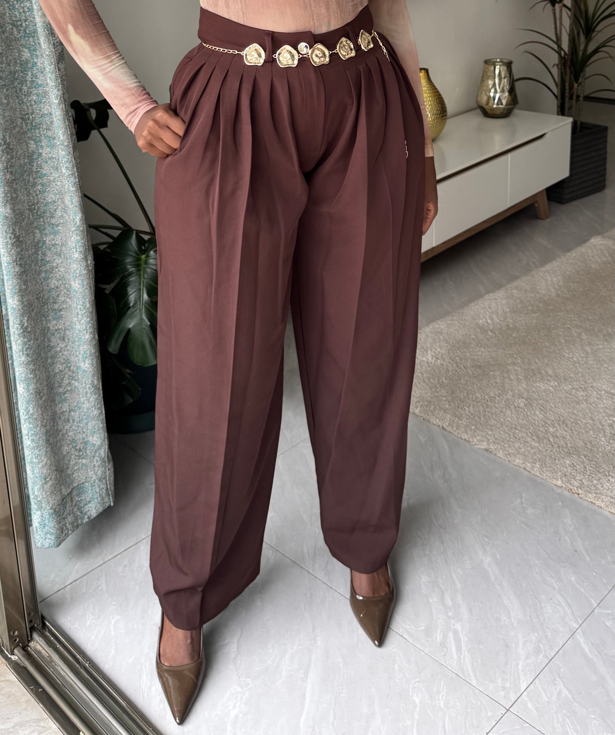 Wide Leg Pleated Pants with Removable Gold Belt
