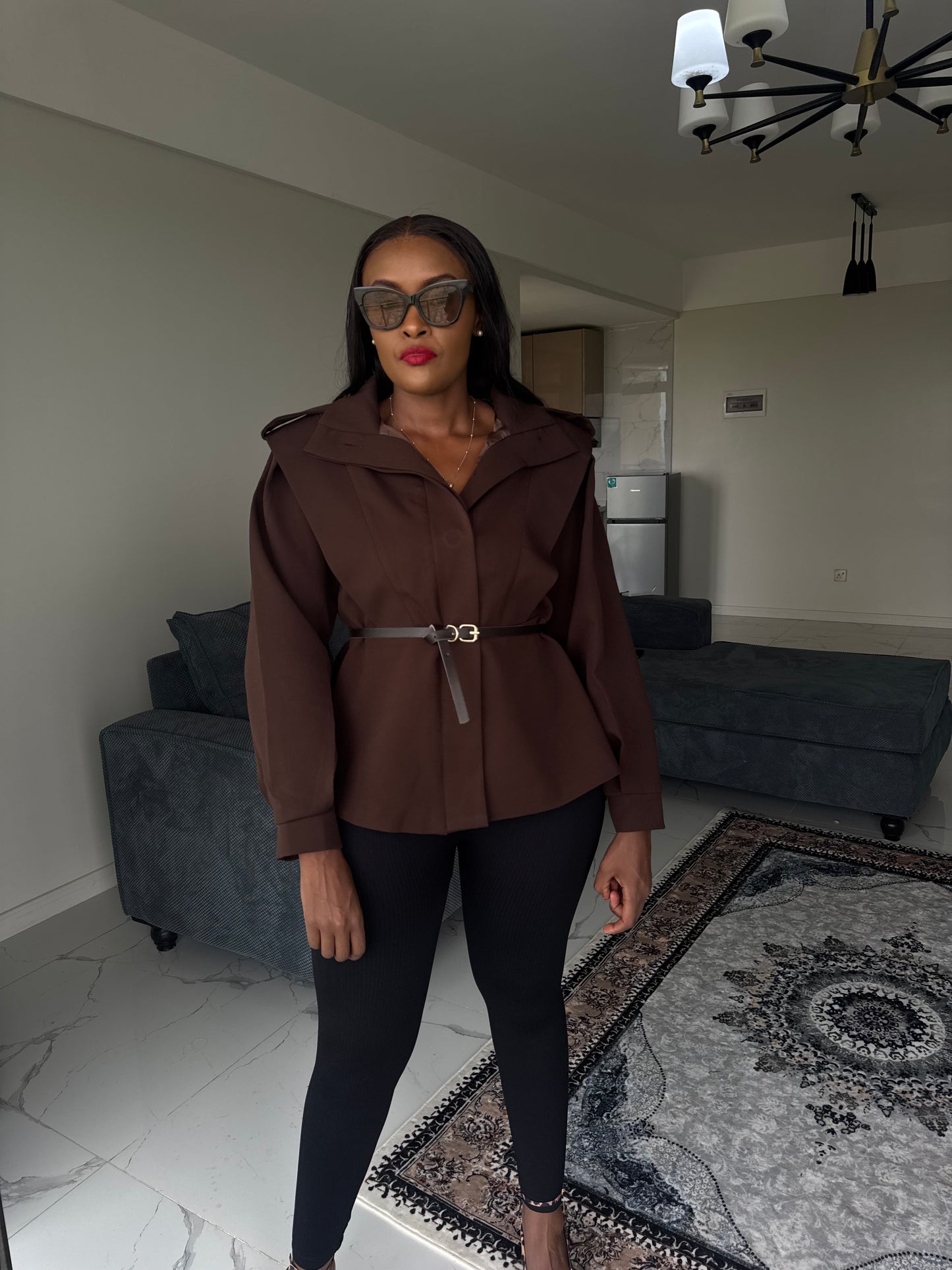 Shoulder-Padded Belted Coat