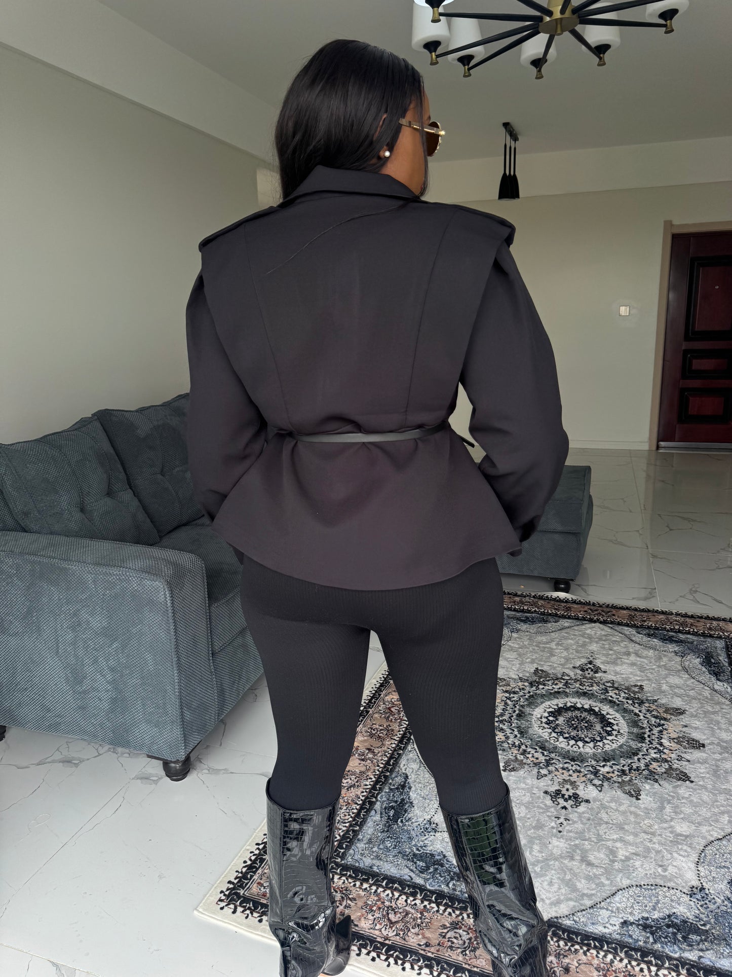 Shoulder-Padded Belted Coat