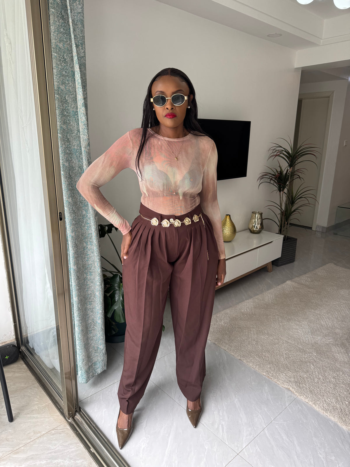 Wide Leg Pleated Pants with Removable Gold Belt