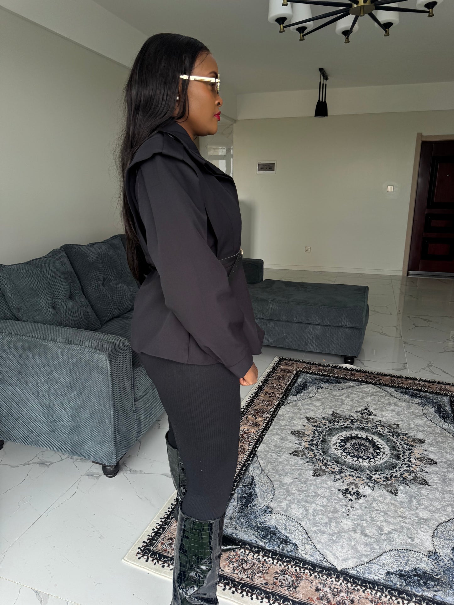 Shoulder-Padded Belted Coat