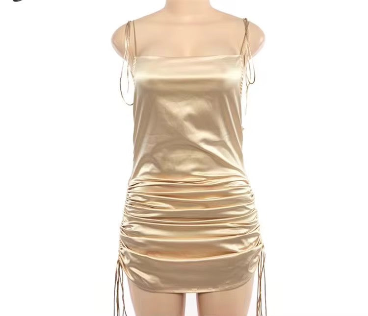 Gold Shoulder-Tie Drawstring Dress