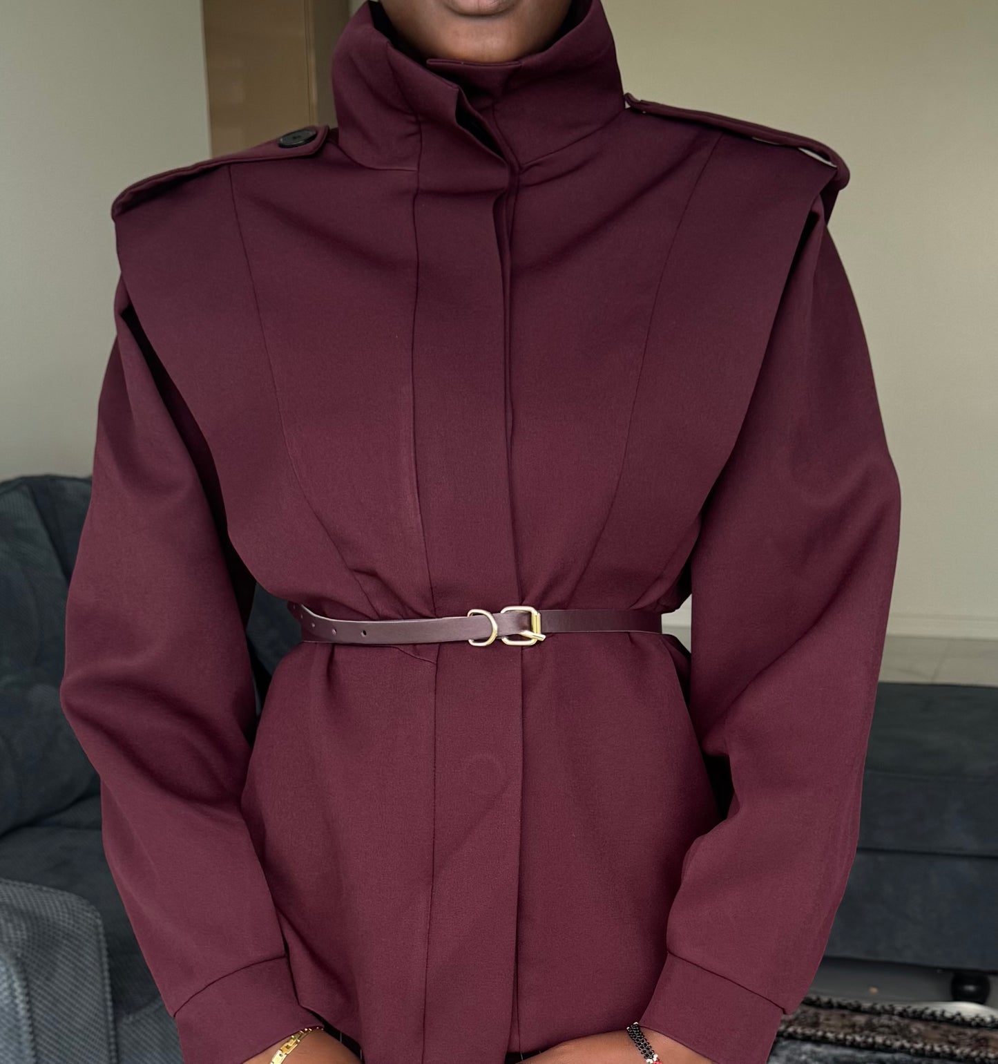 Shoulder-Padded Belted Coat