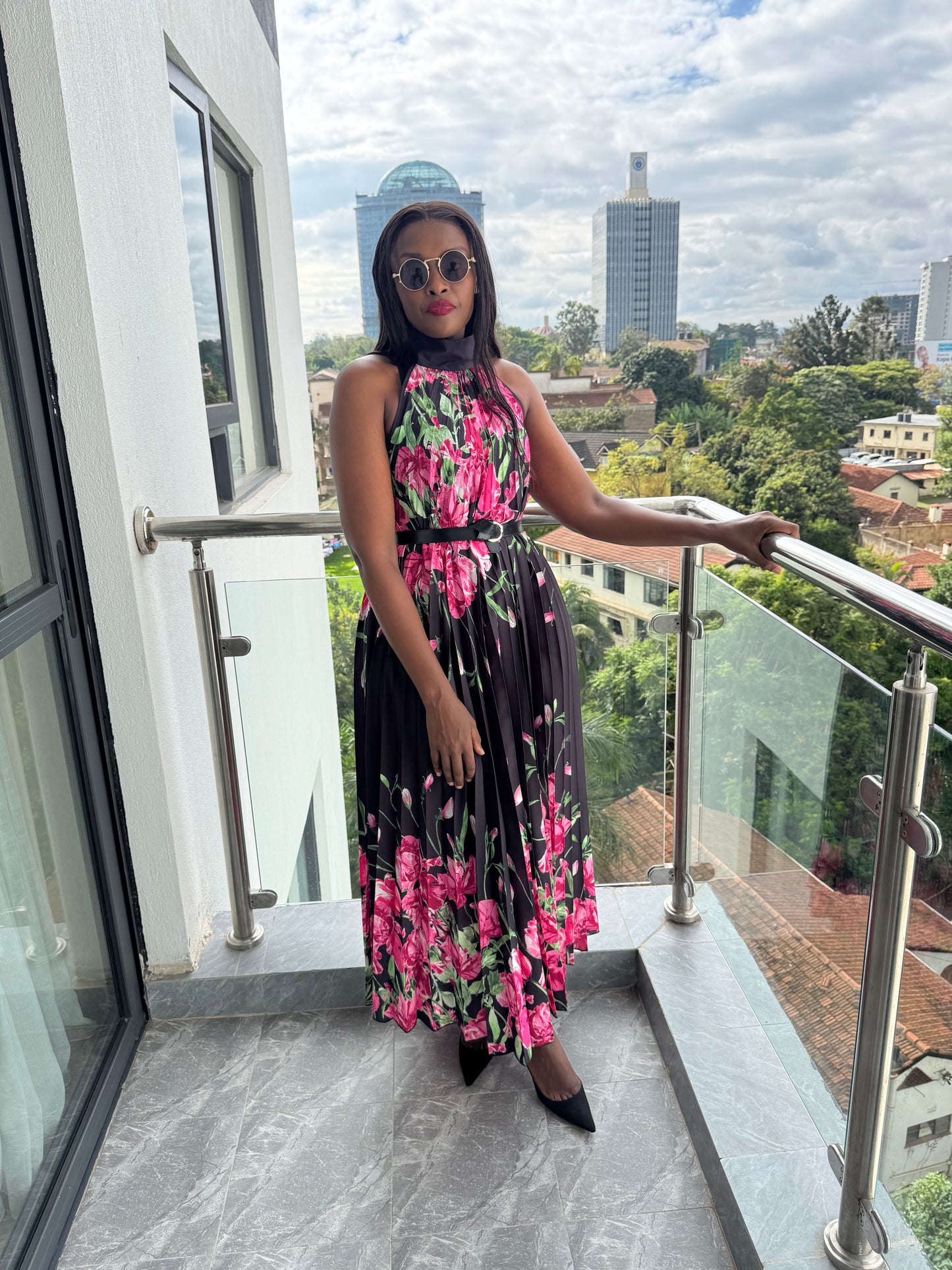 Capri Neck-tie Floral Pleated Maxi