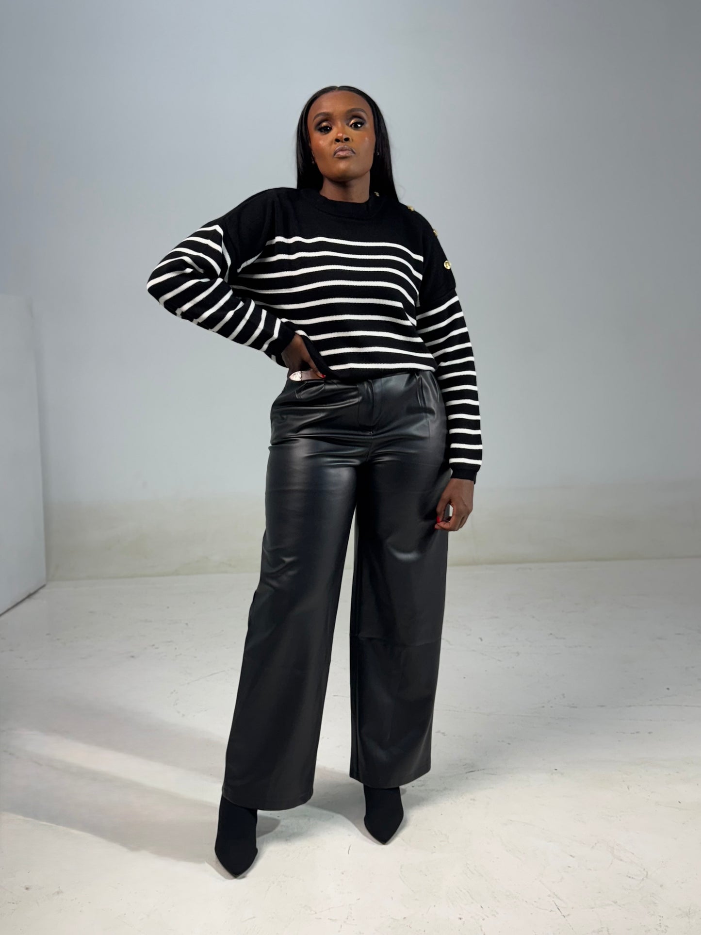 Shoulder Gold-buttoned Striped Sweater