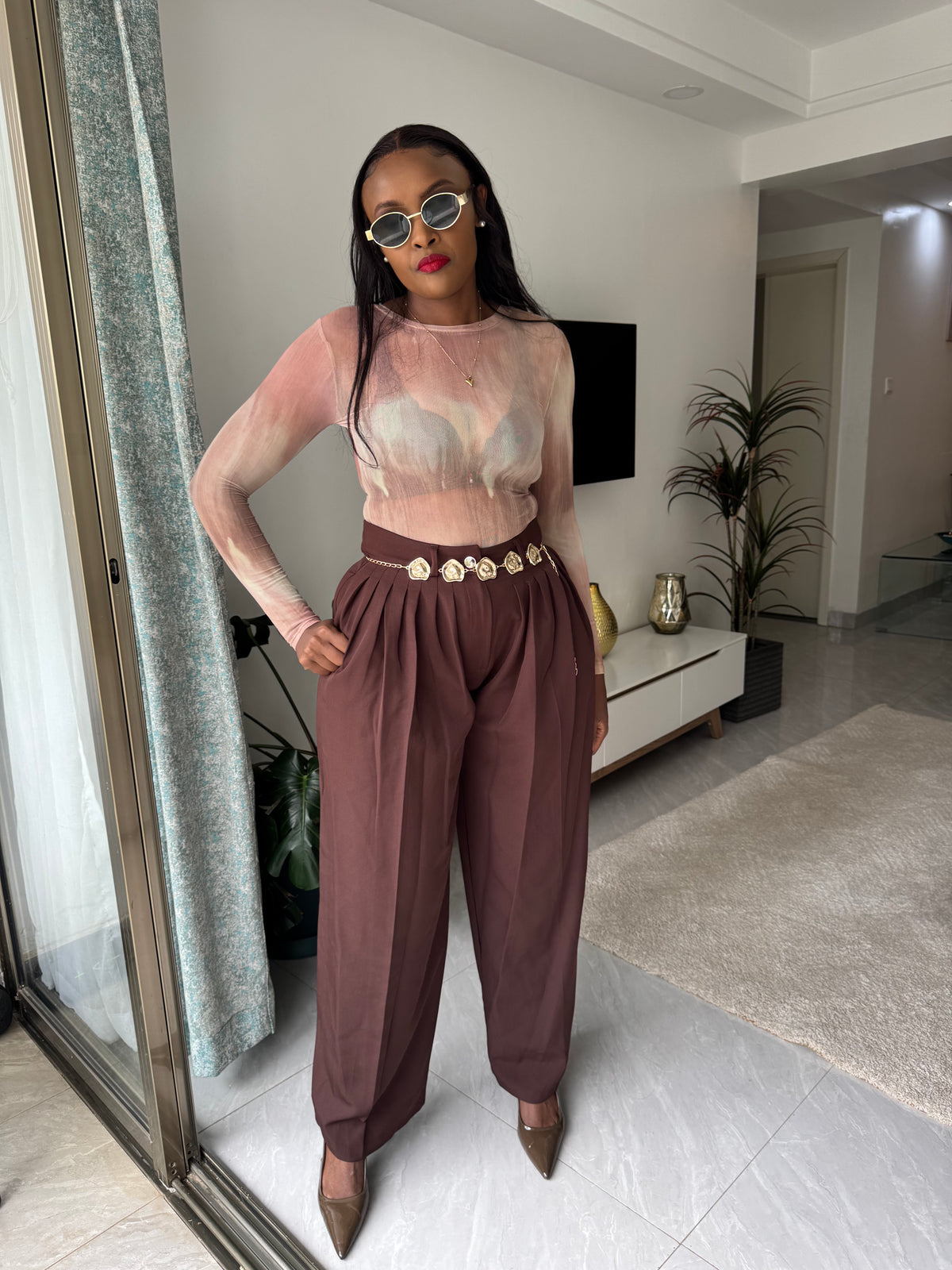 Wide Leg Pleated Pants with Removable Gold Belt