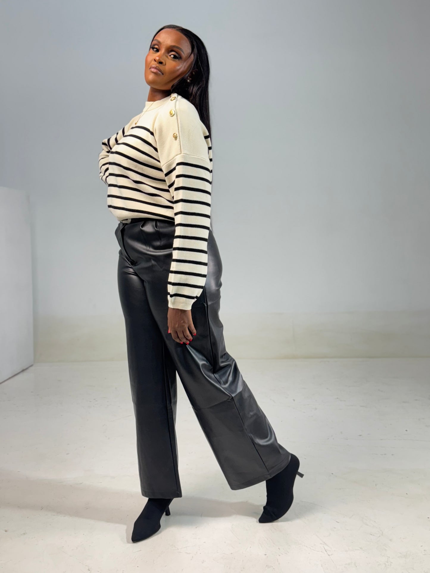 Shoulder Gold-buttoned Striped Sweater