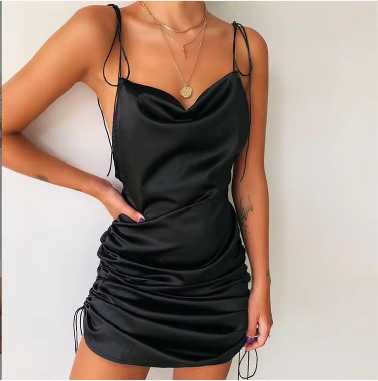 Gold Shoulder-Tie Drawstring Dress