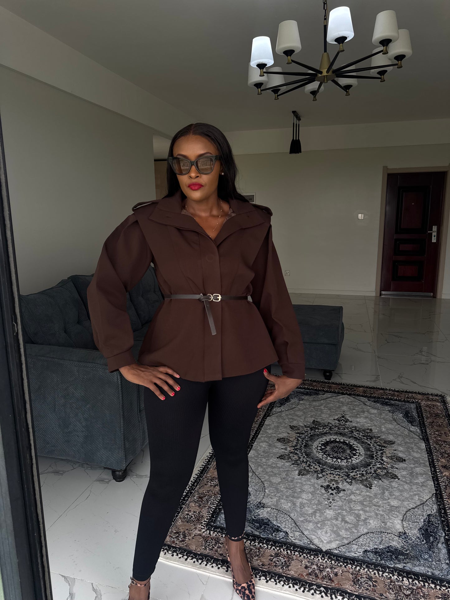 Shoulder-Padded Belted Coat