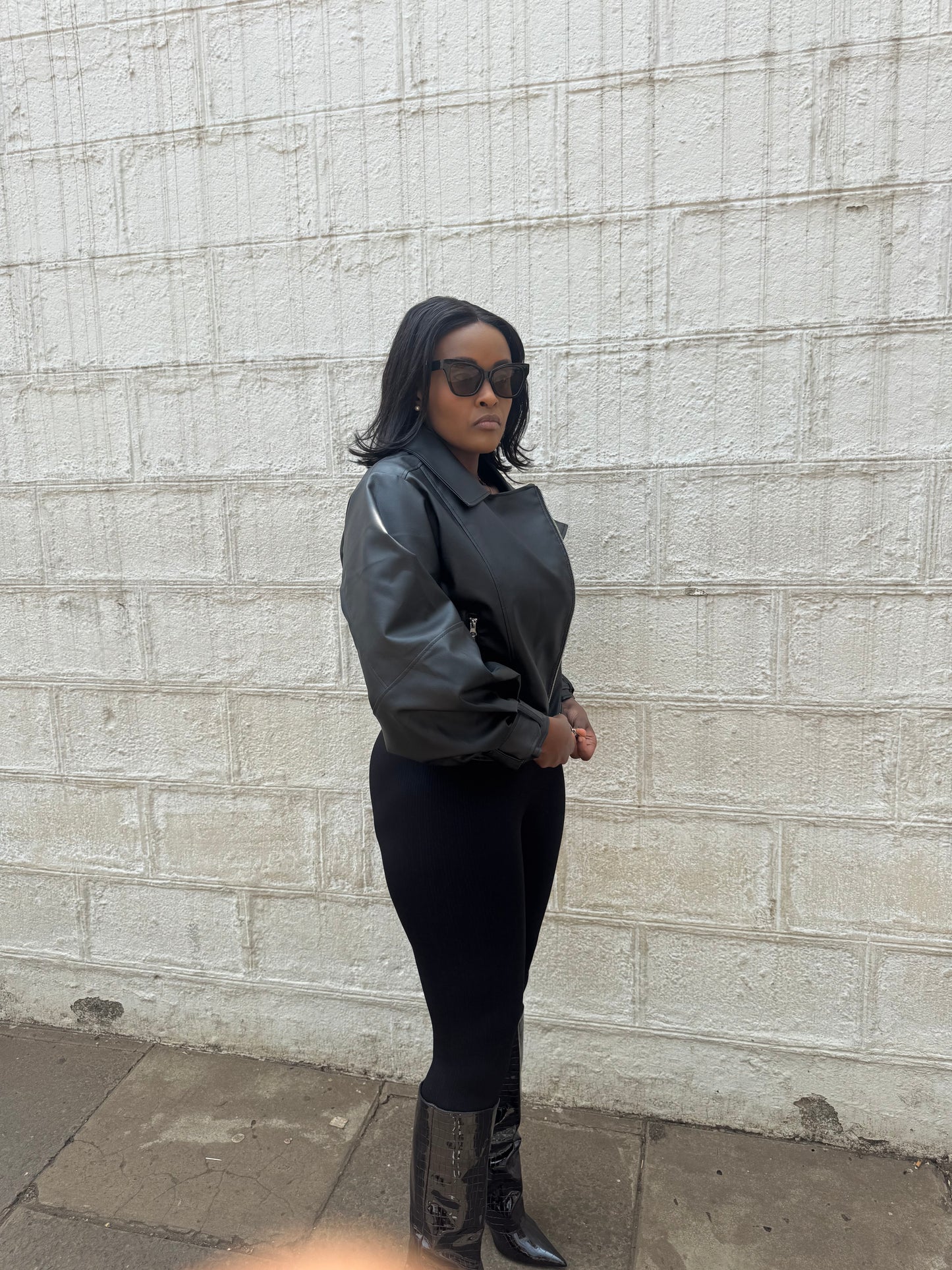 Ballon sleeve zipper leather jacket