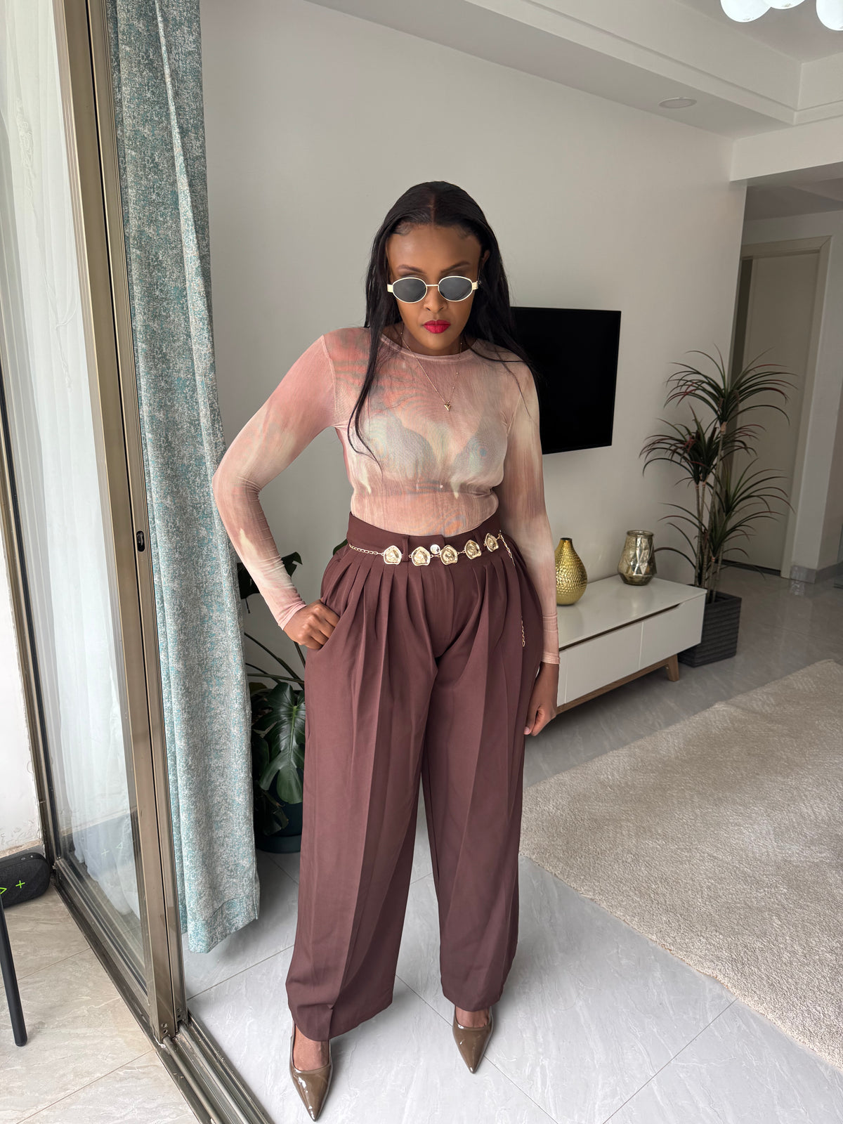 Wide Leg Pleated Pants with Removable Gold Belt