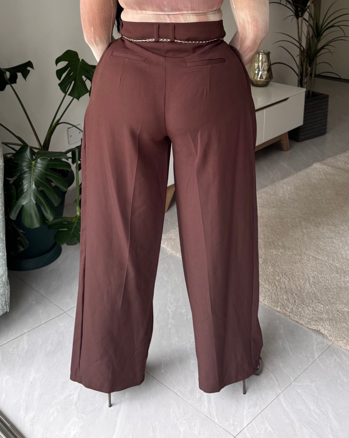 Wide Leg Pleated Pants with Removable Gold Belt