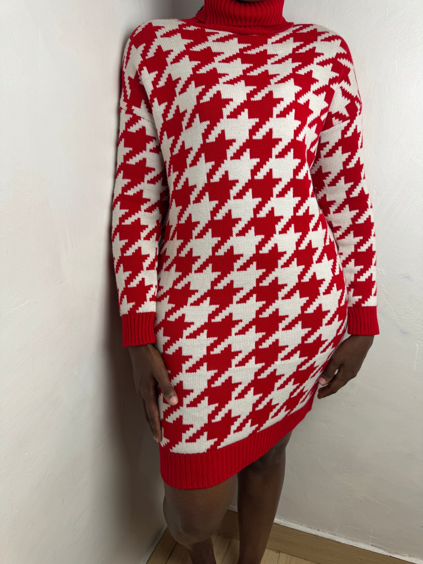 Houndstooth Turtleneck Sweater Dress