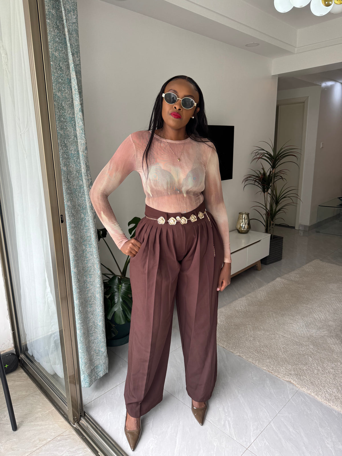 Wide Leg Pleated Pants with Removable Gold Belt